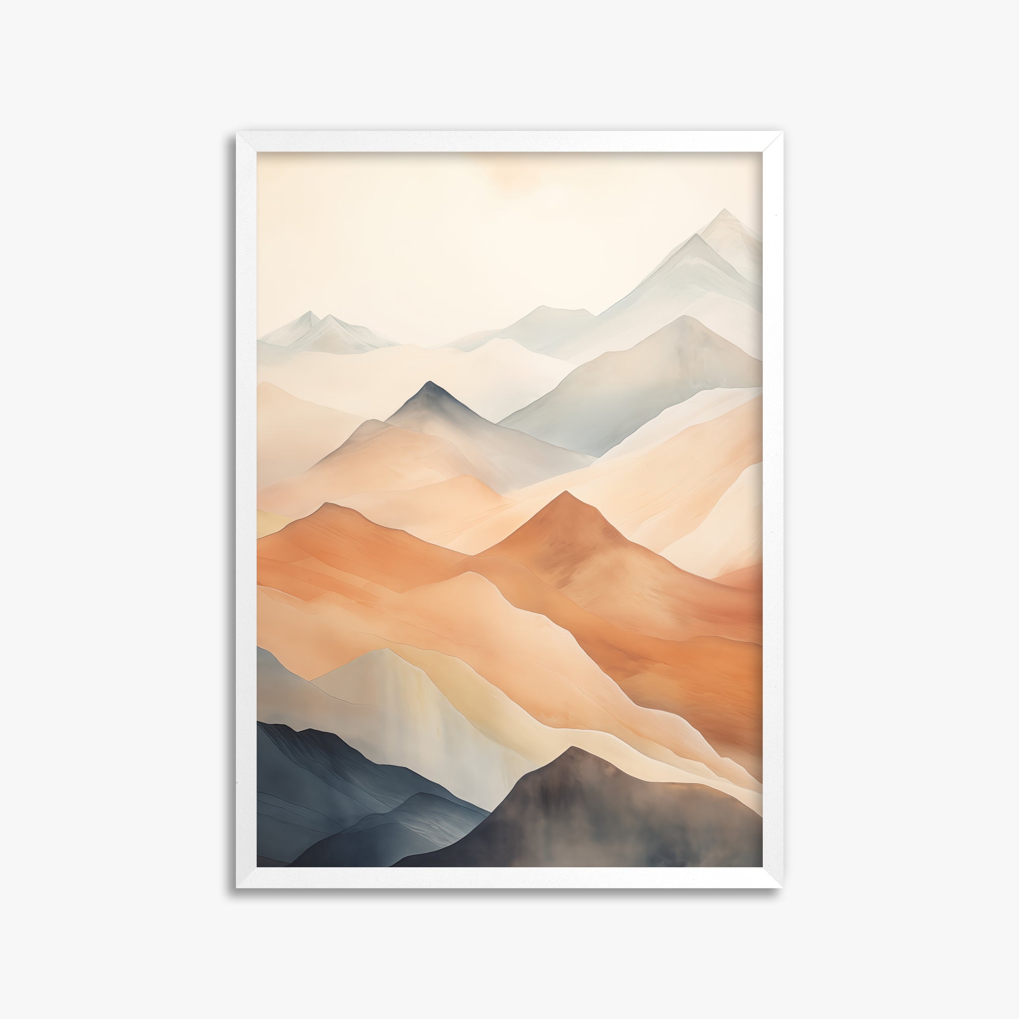 Misty Peaks, 50x70cm Framed Poster With White Frame