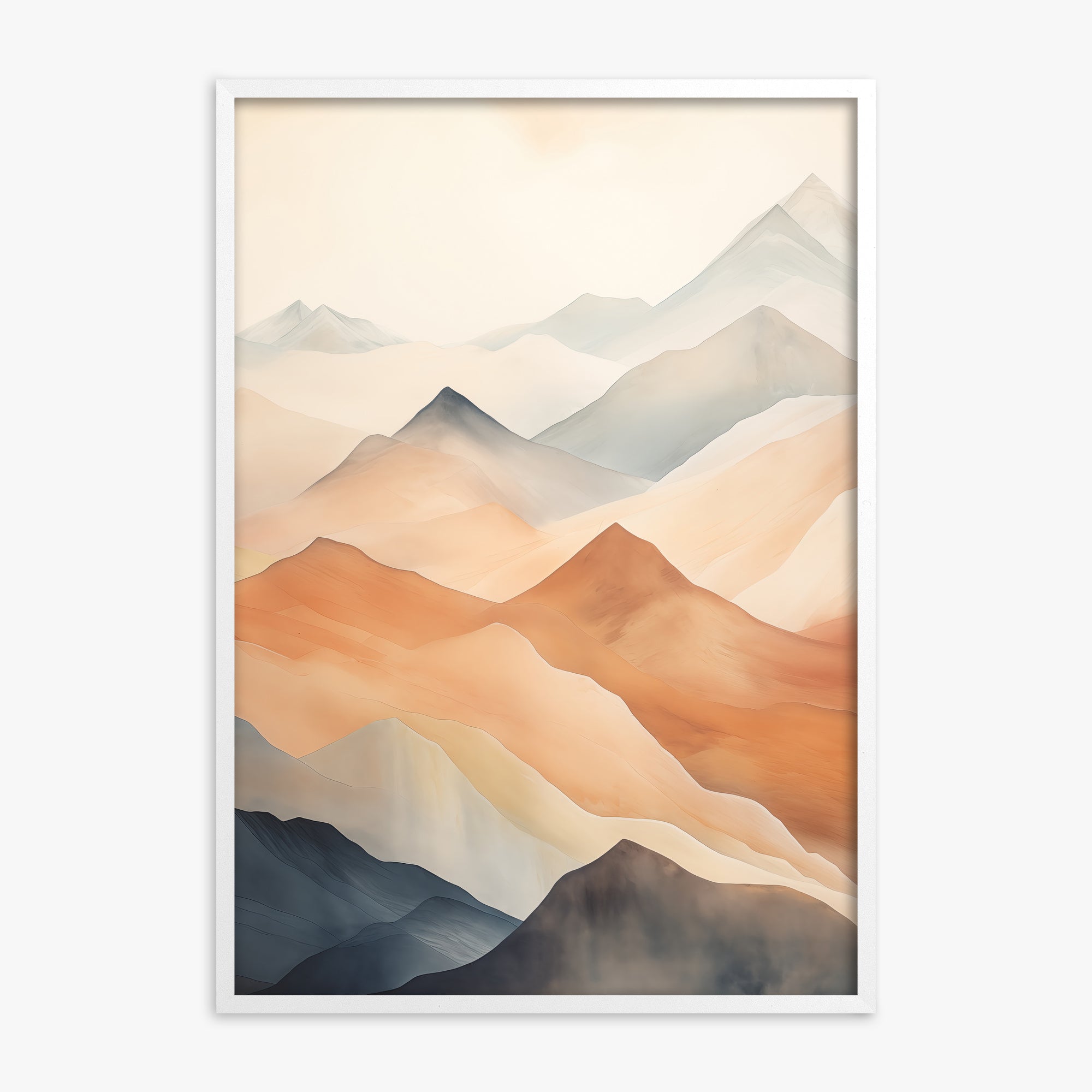 Misty Peaks, White Framed Poster With White Frame