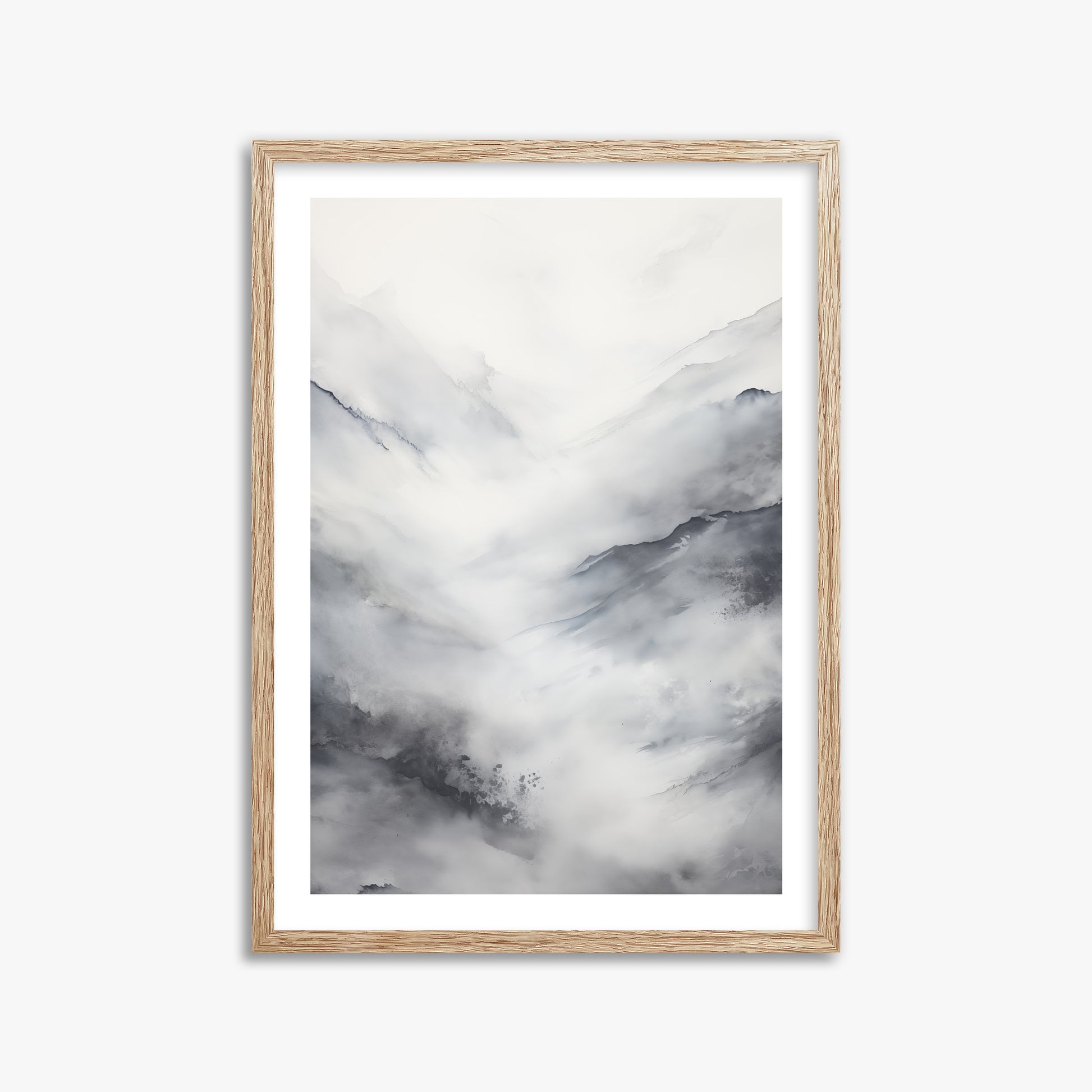 Misty Peaks Solitude, 50x70cm Framed Art Reproduction With Raw Oak Frame