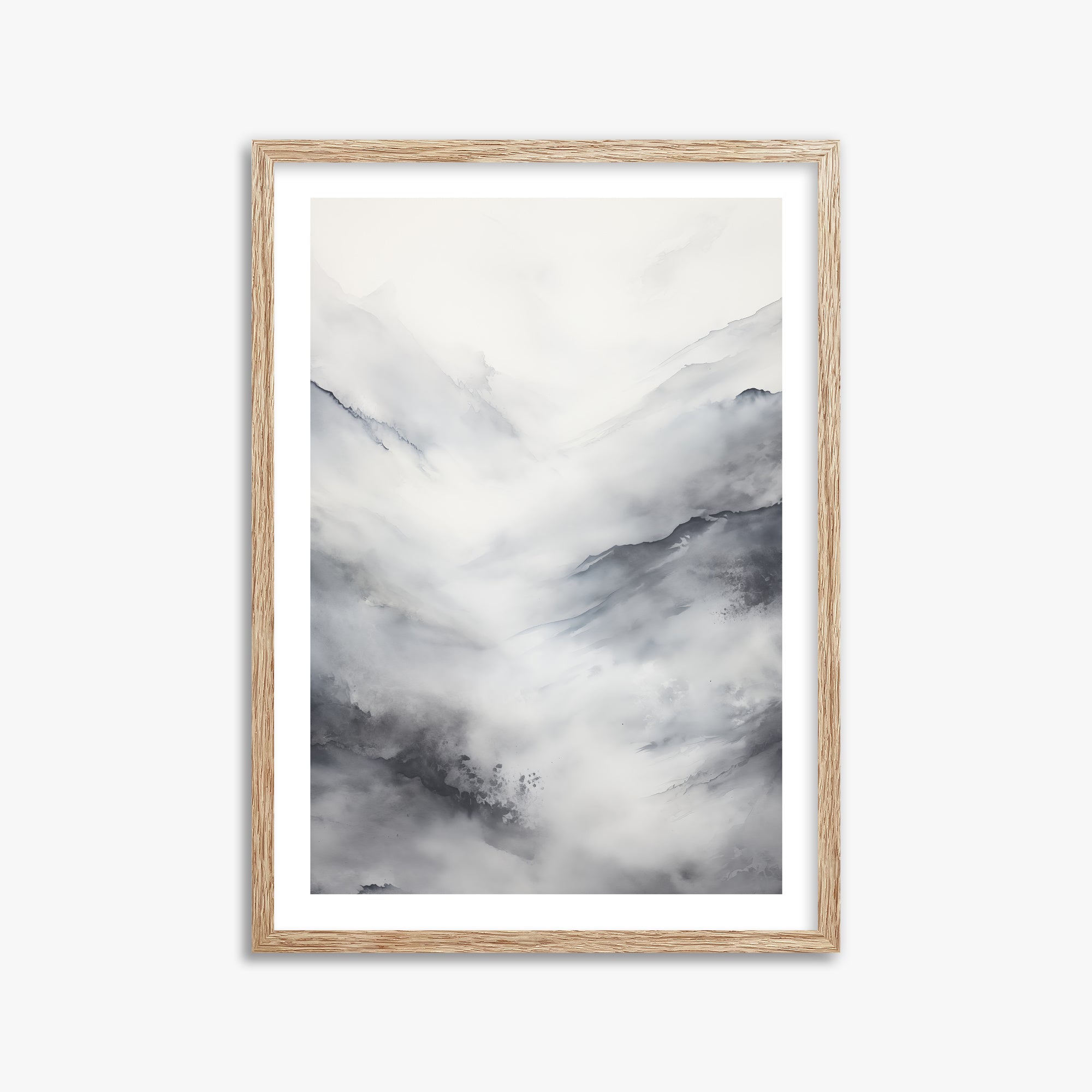 Misty Peaks Solitude, 50x70cm Framed Art Reproduction With Raw Oak Frame