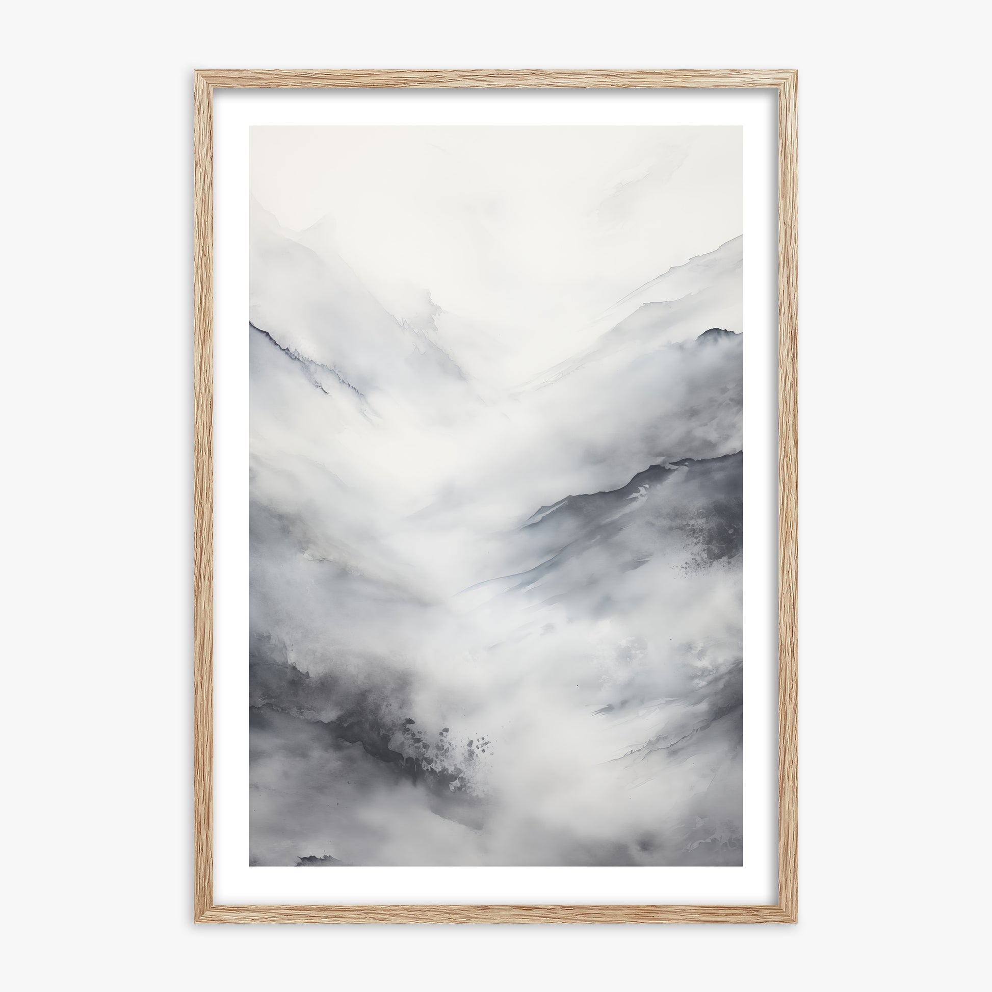 Misty Peaks Solitude, 70x100cm Framed Art Reproduction With Raw Oak Frame