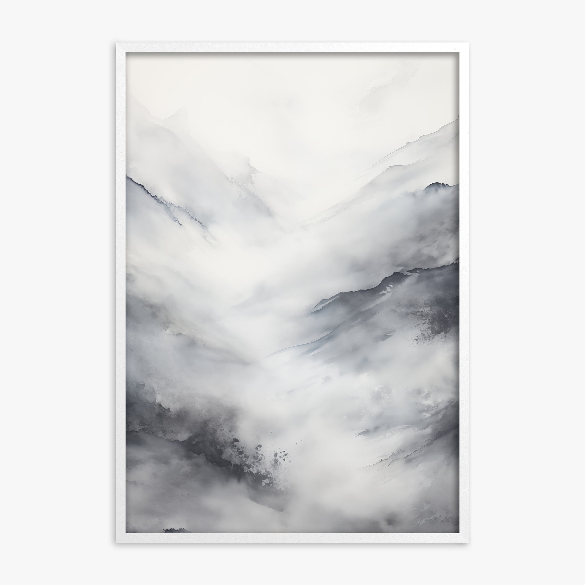 Misty Peaks Solitude, White Framed Poster With White Frame