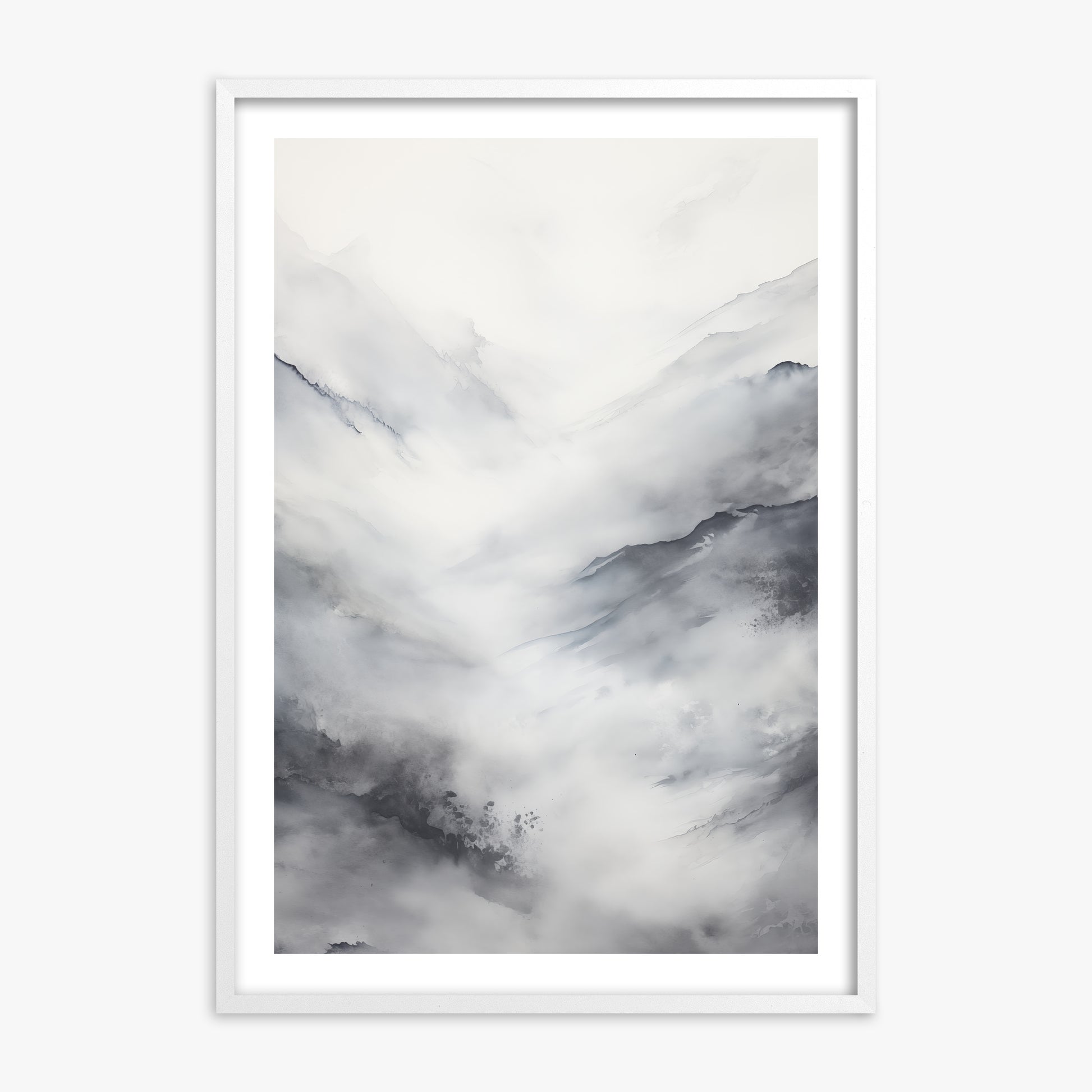 Misty Peaks Solitude, White Framed Poster With White Frame