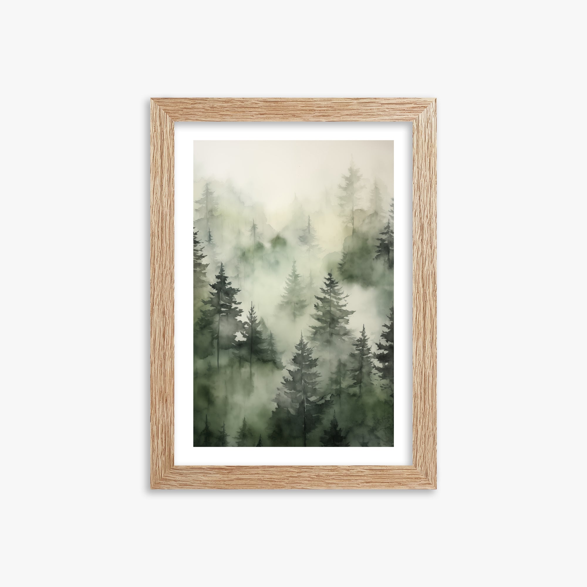 Misty Pines Serenity, 21x30cm Framed Art Reproduction With Raw Oak Frame