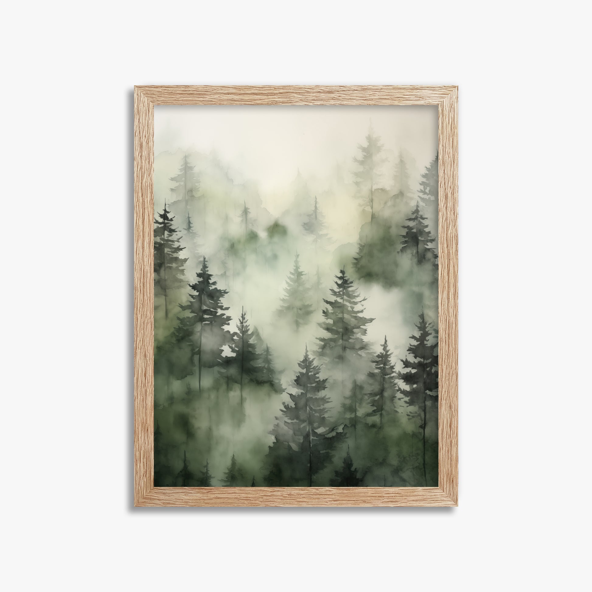Misty Pines Serenity, 30x40cm Framed Art Reproduction With Raw Oak Frame