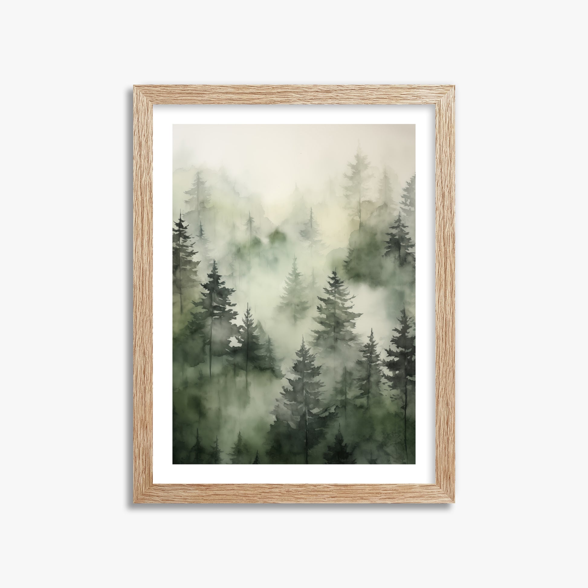 Misty Pines Serenity, 30x40cm Framed Art Reproduction With Raw Oak Frame