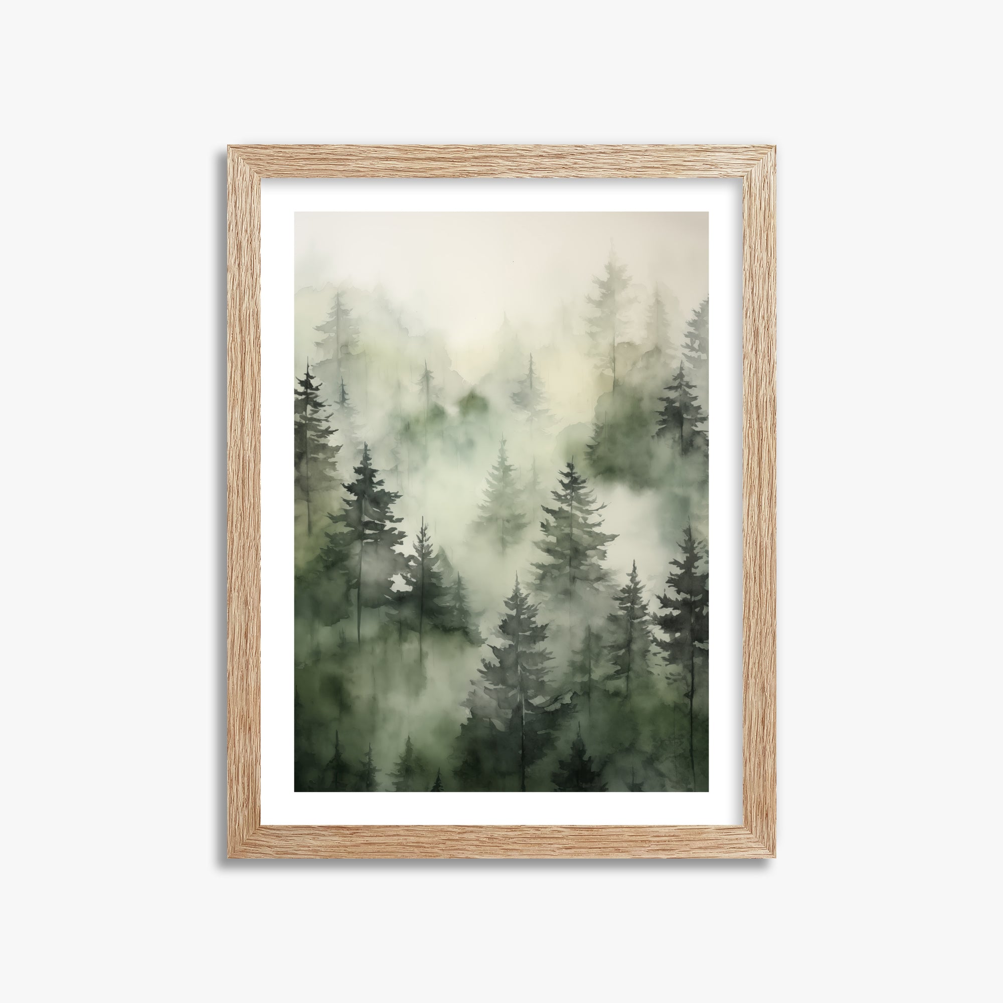 Misty Pines Serenity, 30x40cm Framed Art Reproduction With Raw Oak Frame