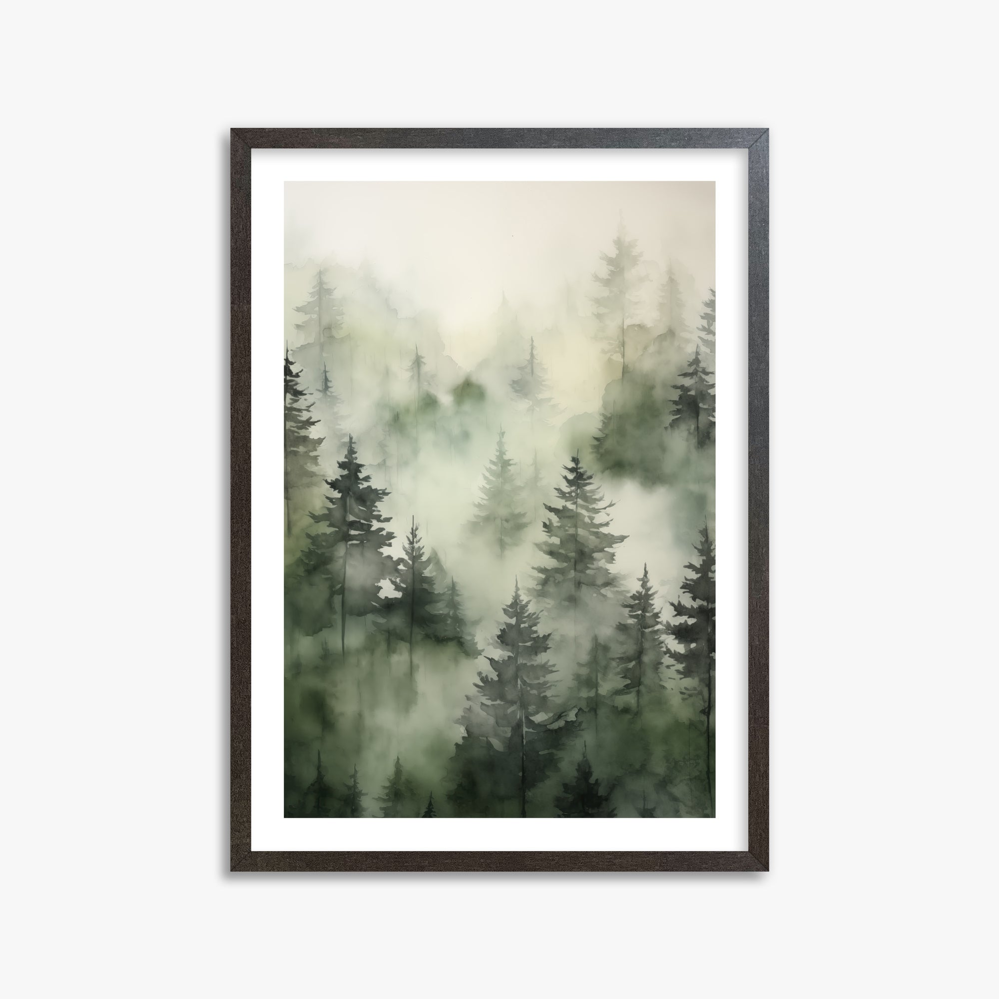 Misty Pines Serenity, 50x70cm Framed Art Reproduction With Espresso Frame