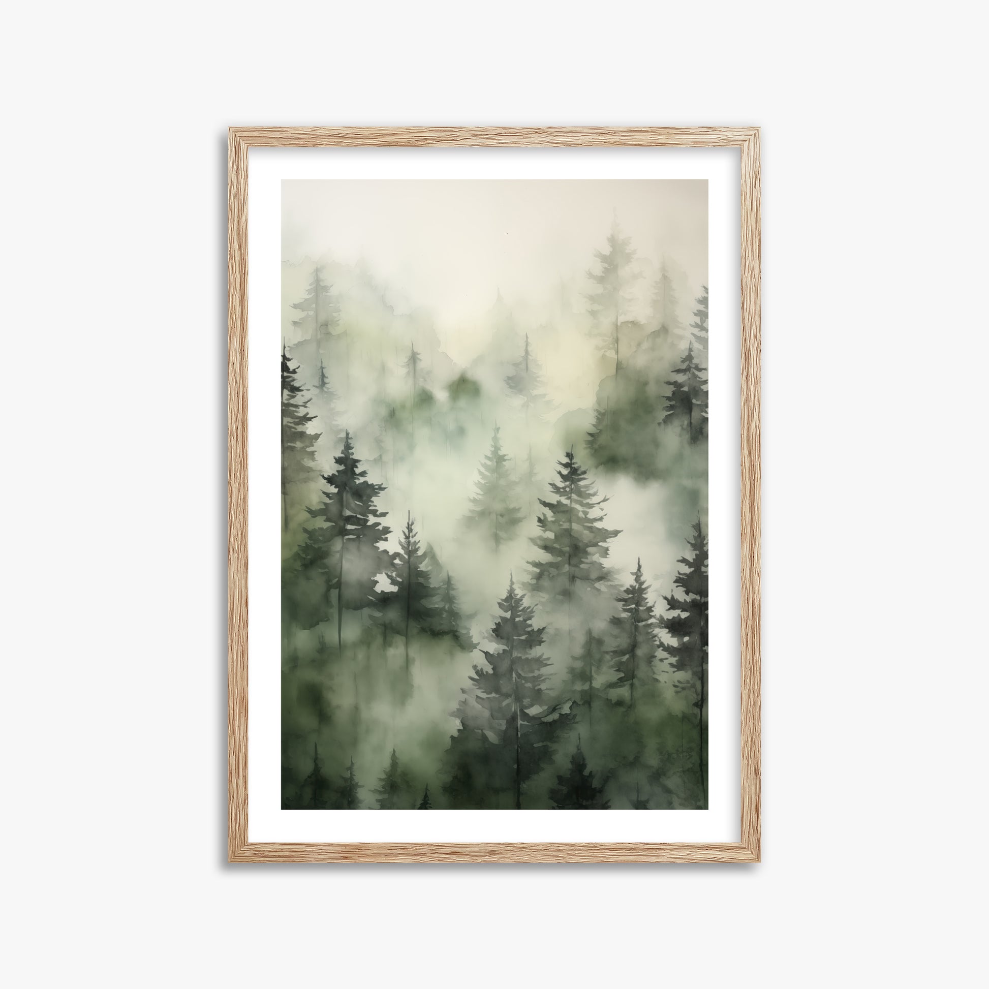 Misty Pines Serenity, 50x70cm Framed Art Reproduction With Raw Oak Frame