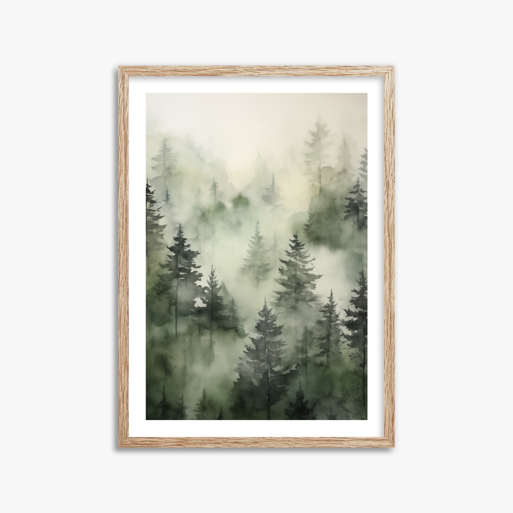 Misty Pines Serenity, 50x70cm Framed Art Reproduction With Raw Oak Frame