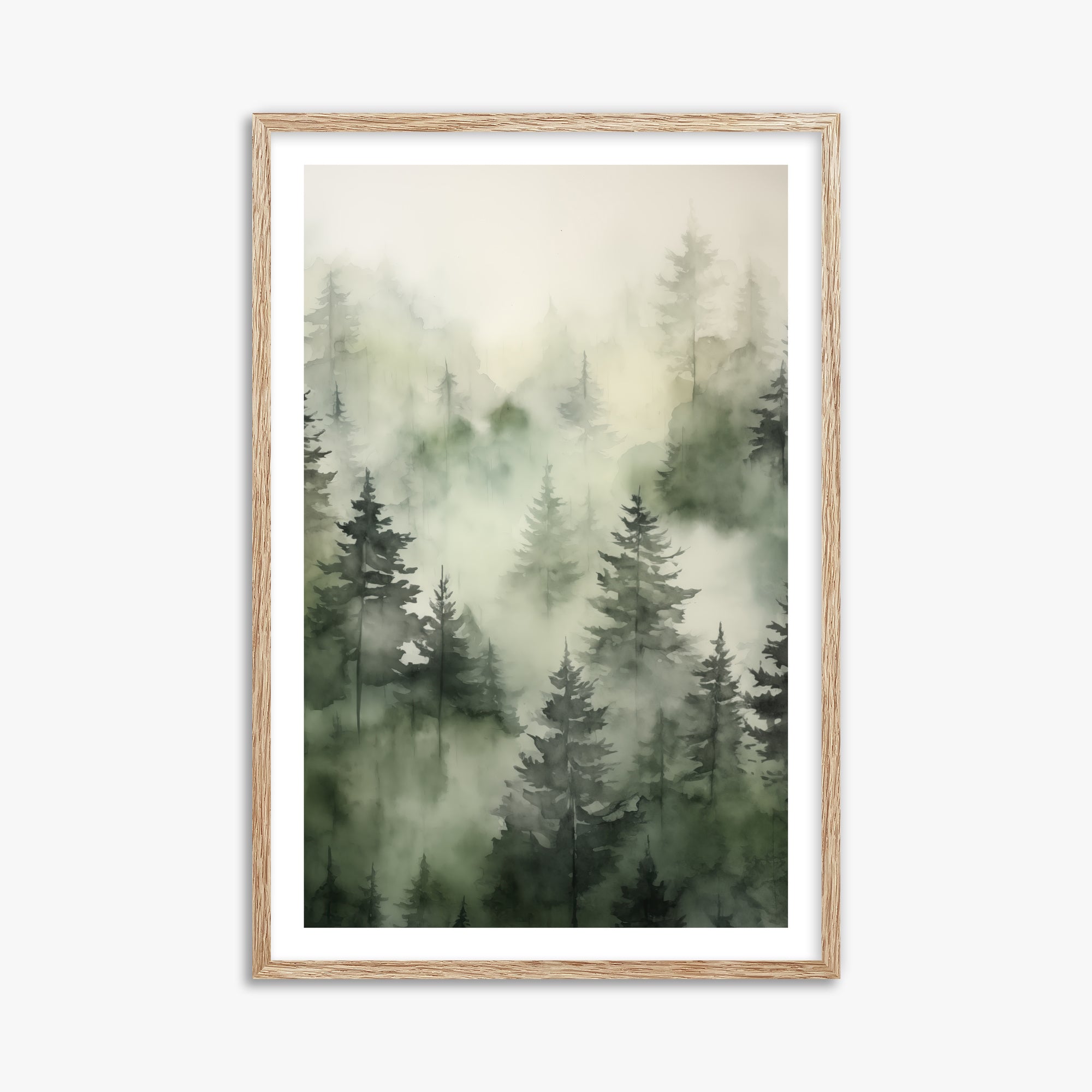 Misty Pines Serenity, 61x91cm Framed Art Reproduction With Raw Oak Frame