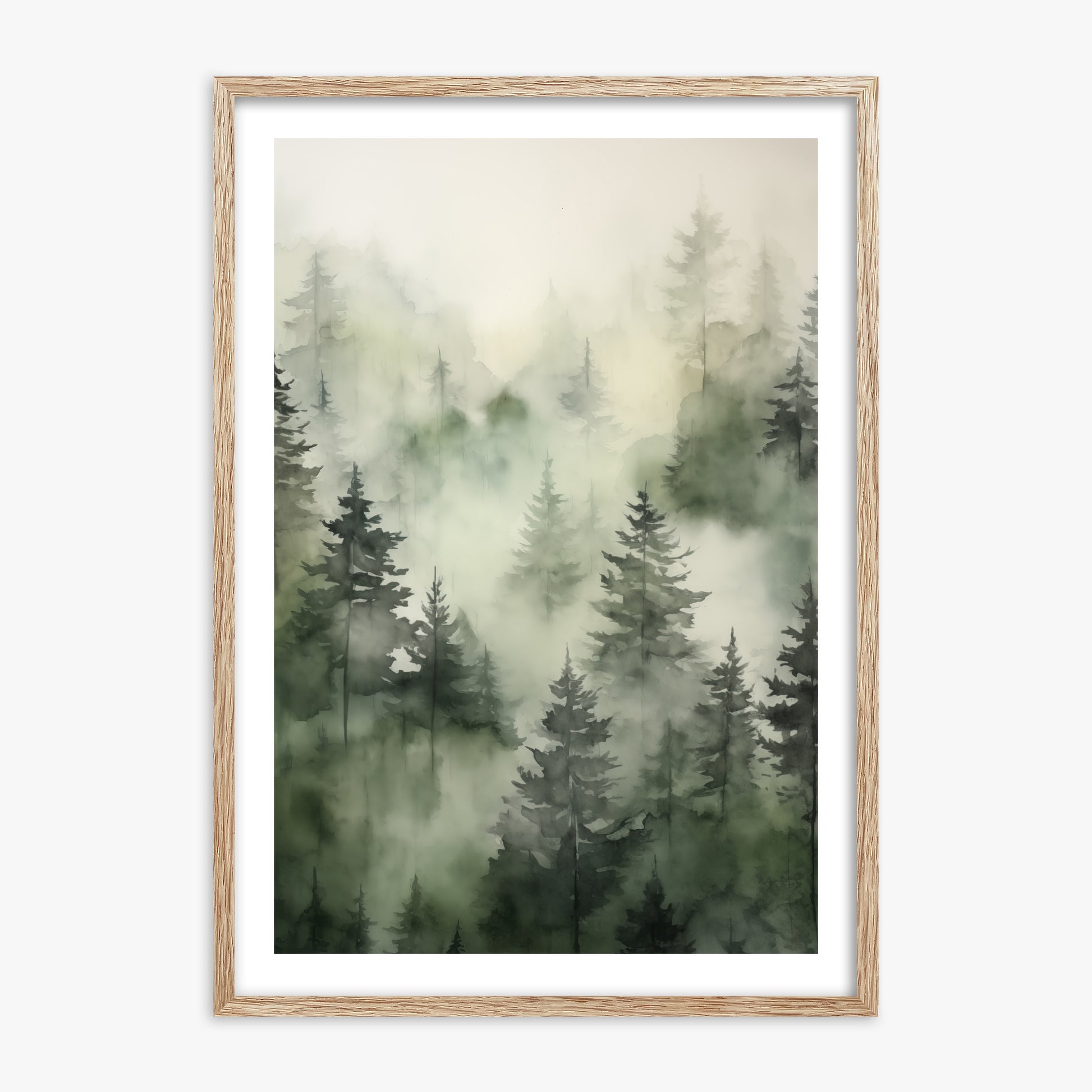 Misty Pines Serenity, 70x100cm Framed Art Reproduction With Raw Oak Frame