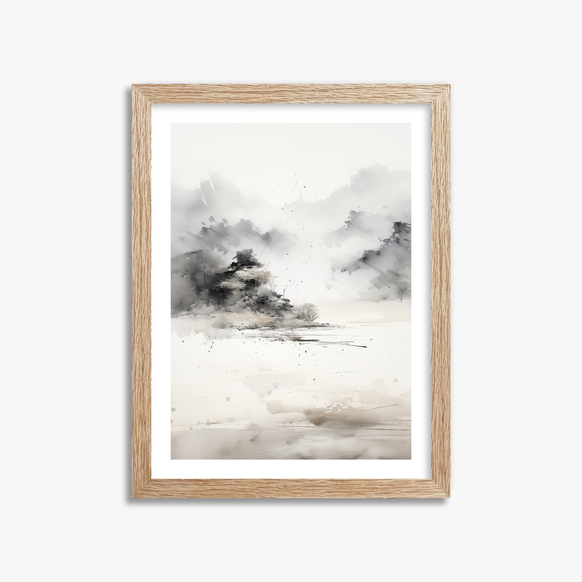 Misty Mountain Whisper, 30x40cm Framed Art Reproduction With Raw Oak Frame