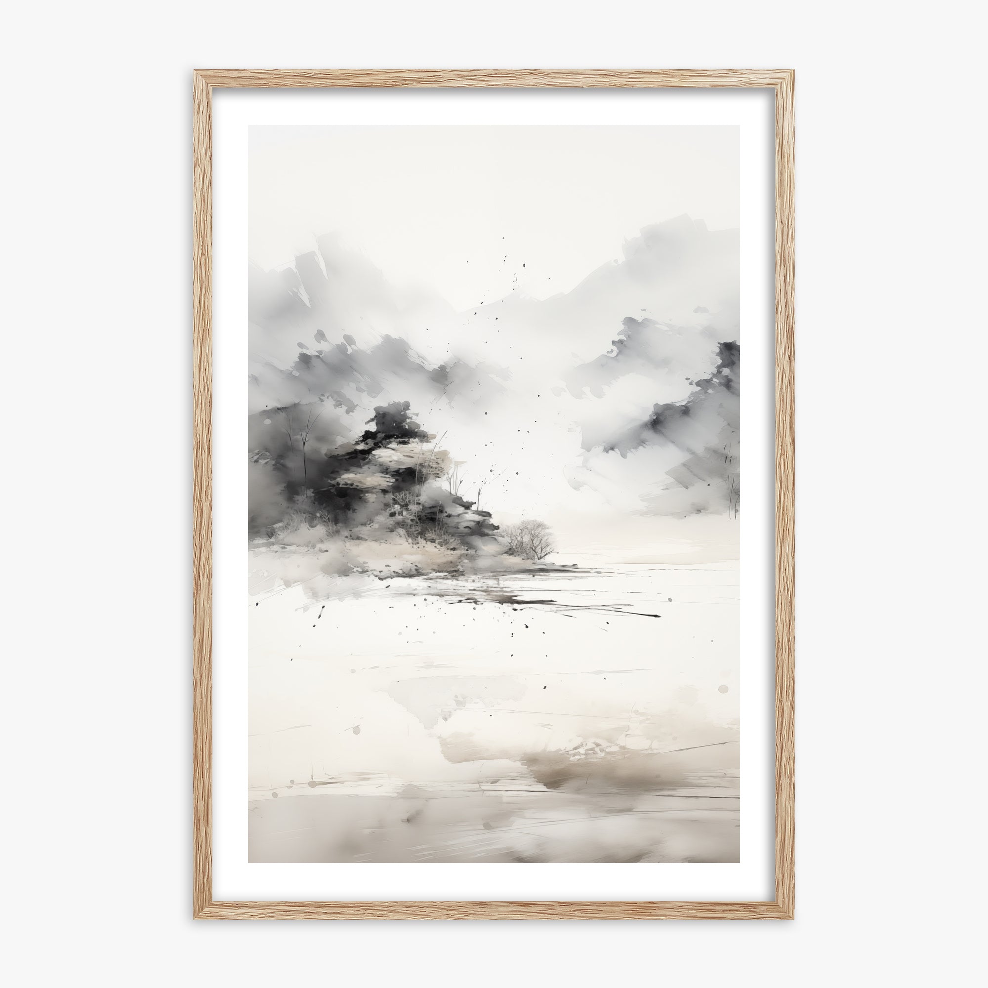 Misty Mountain Whisper, 70x100cm Framed Art Reproduction With Raw Oak Frame