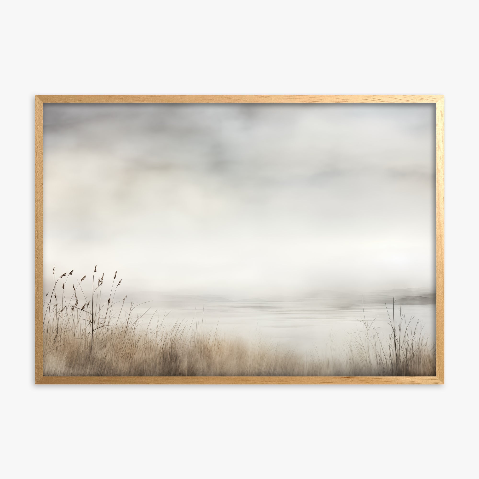 Misty Shoreline Serenity, Oak Framed Poster With Oak Frame