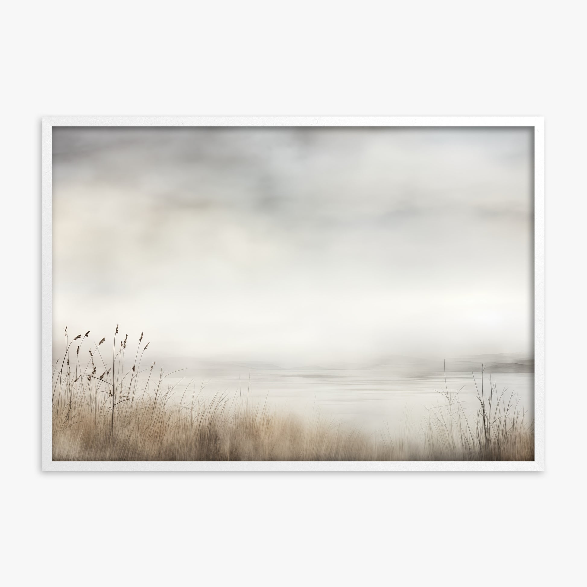 Misty Shoreline Serenity, White Framed Poster With White Frame