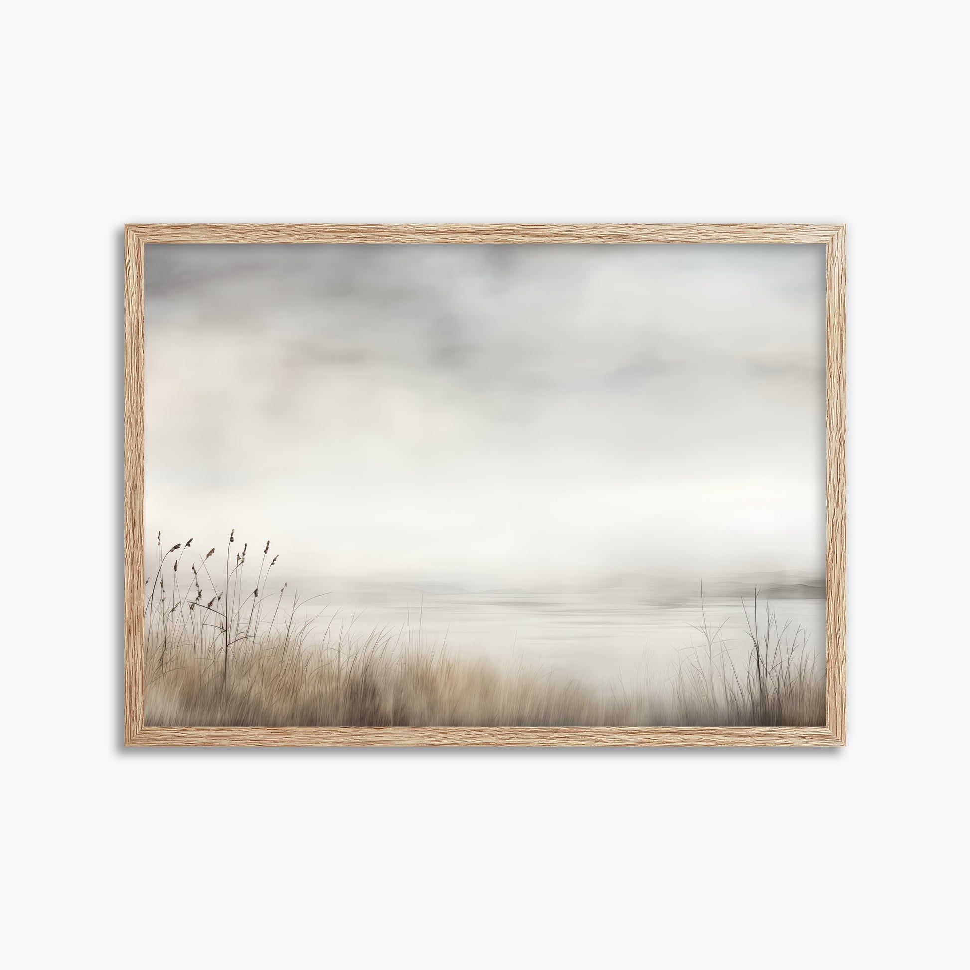 Misty Shoreline Serenity, 50x70cm Framed Poster With Raw Oak Frame
