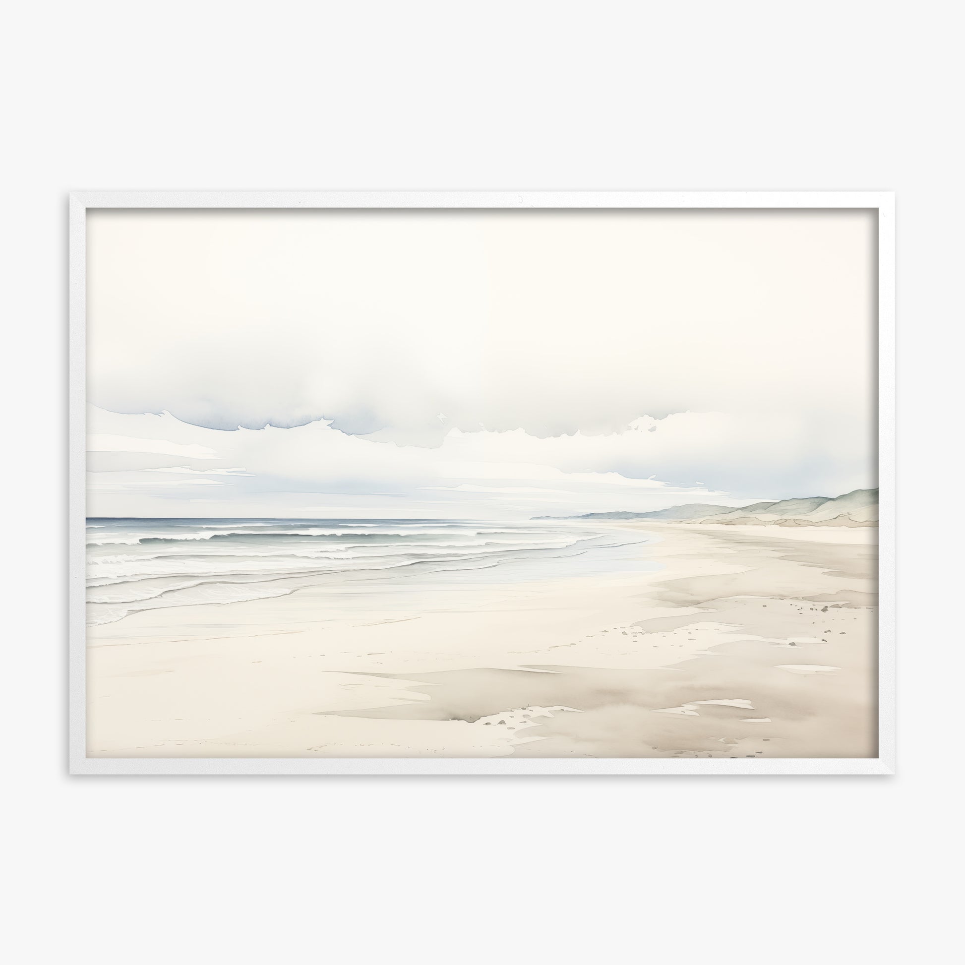 Serene Shoreline, White Framed Poster With White Frame