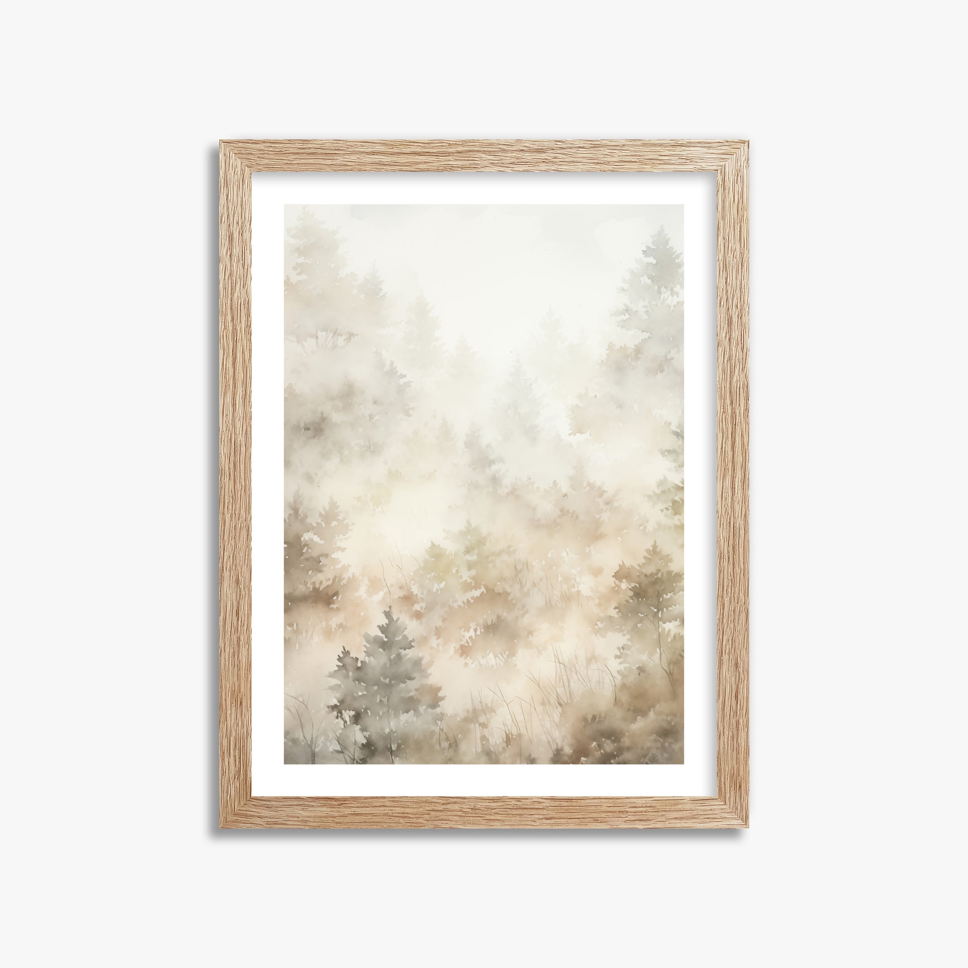 Misty Forest Whispers, 30x40cm Framed Art Reproduction With Raw Oak Frame