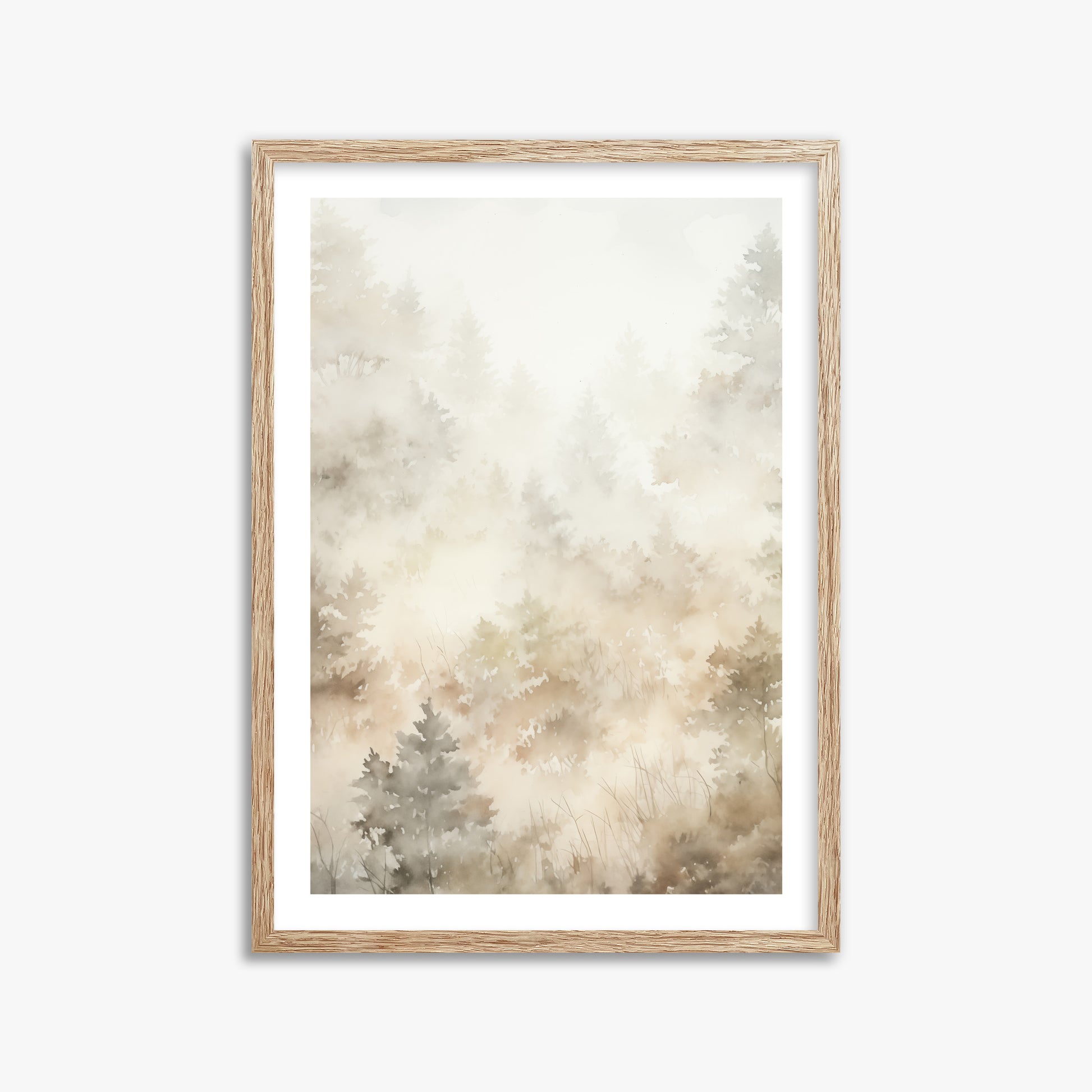 Misty Forest Whispers, 50x70cm Framed Art Reproduction With Raw Oak Frame