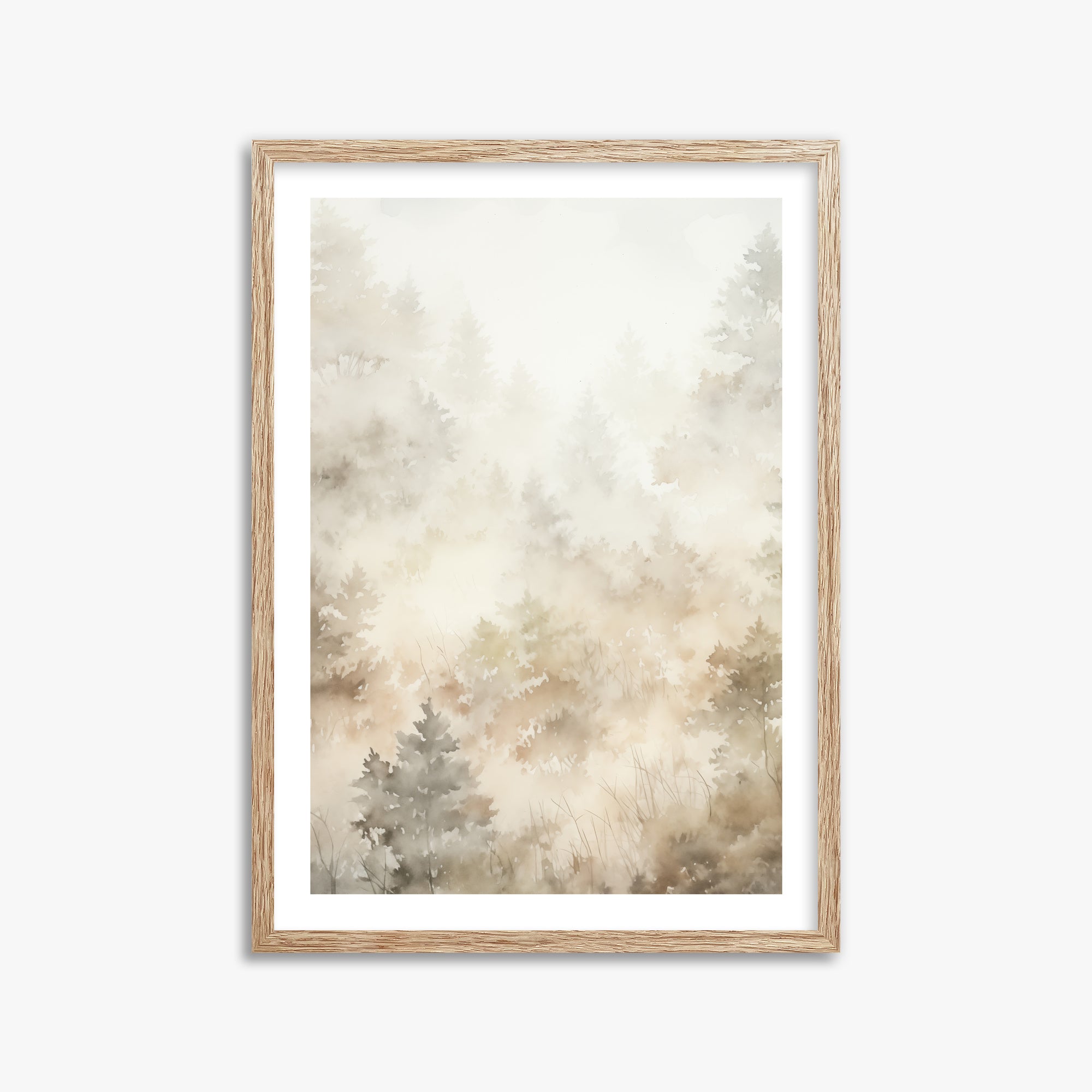 Misty Forest Whispers, 50x70cm Framed Art Reproduction With Raw Oak Frame