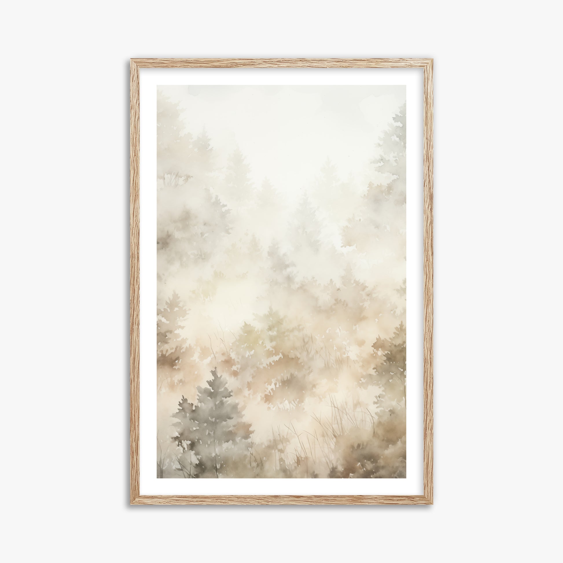 Misty Forest Whispers, 61x91cm Framed Art Reproduction With Raw Oak Frame