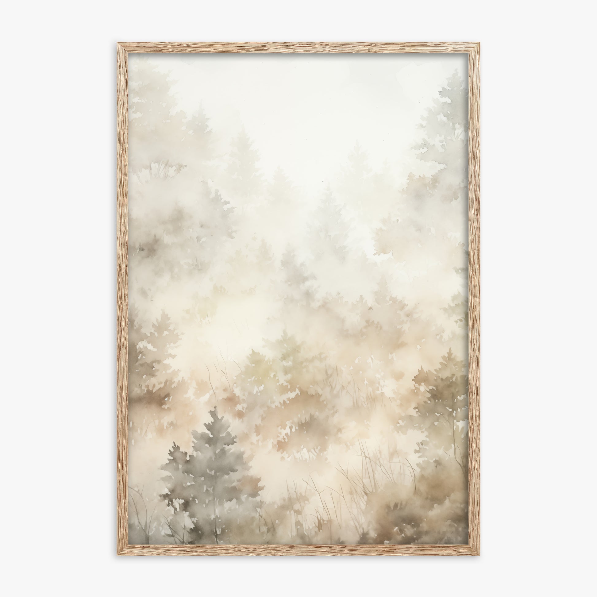Misty Forest Whispers, 70x100cm Framed Art Reproduction With Raw Oak Frame
