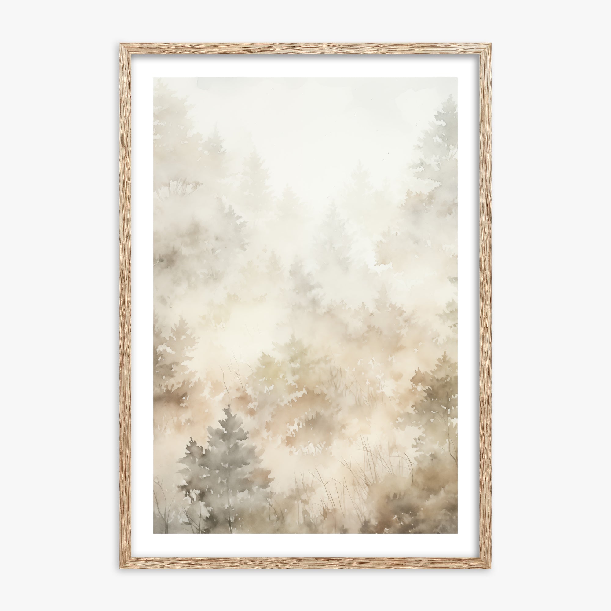 Misty Forest Whispers, 70x100cm Framed Art Reproduction With Raw Oak Frame