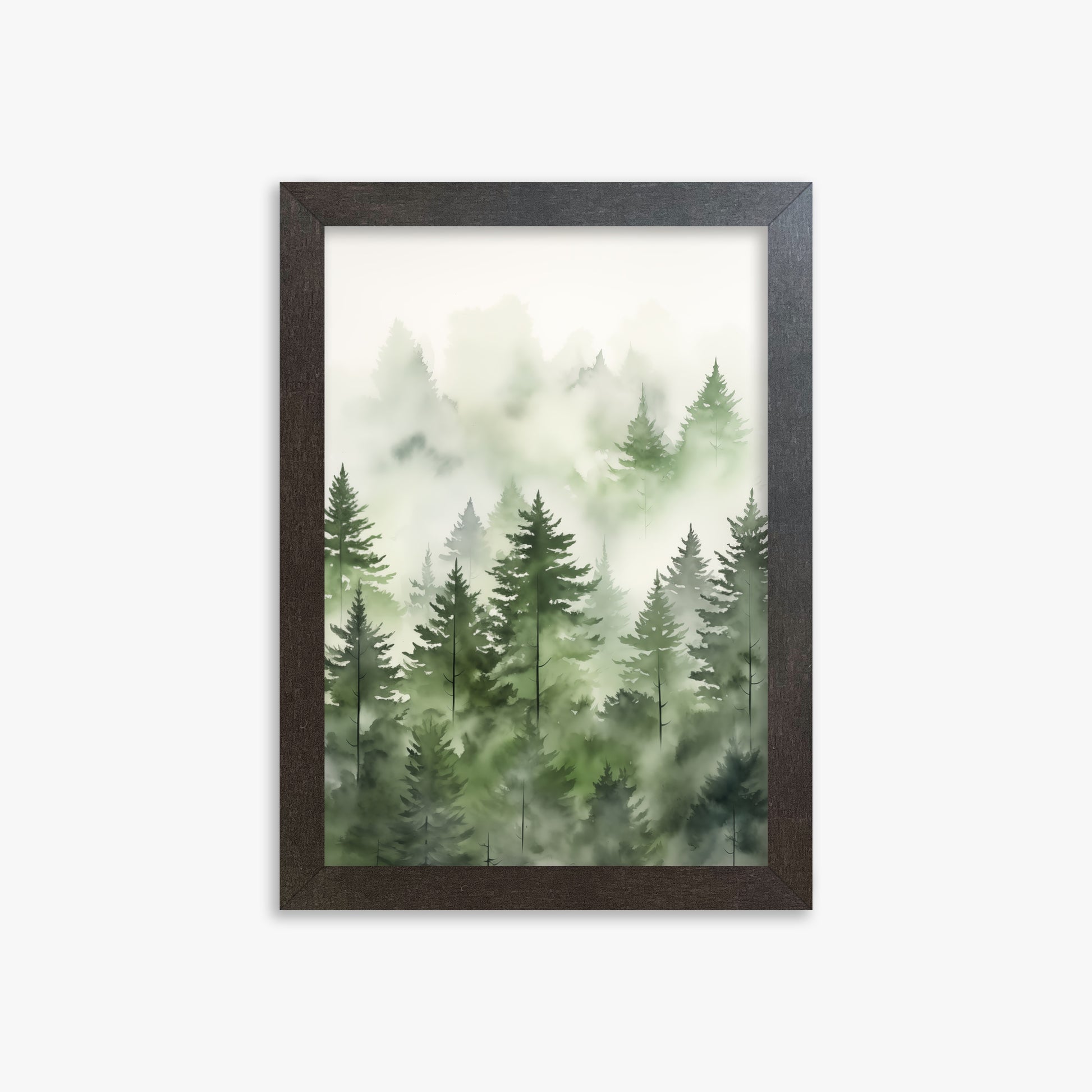 Misty Pines Watercolor, 21x30cm Framed Art Reproduction With Espresso Frame