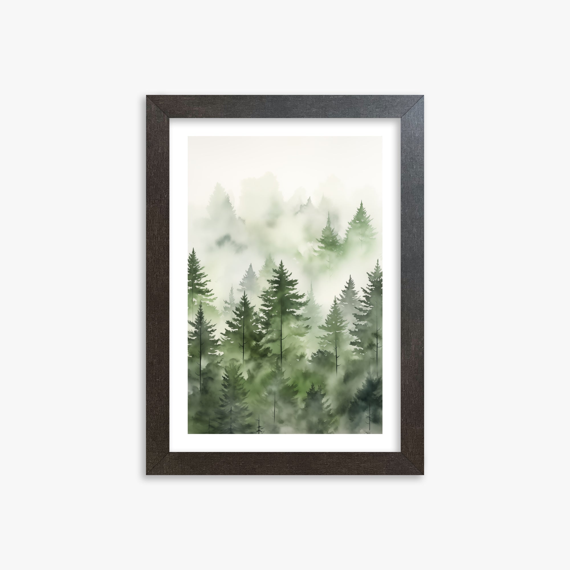 Misty Pines Watercolor, 21x30cm Framed Art Reproduction With Espresso Frame