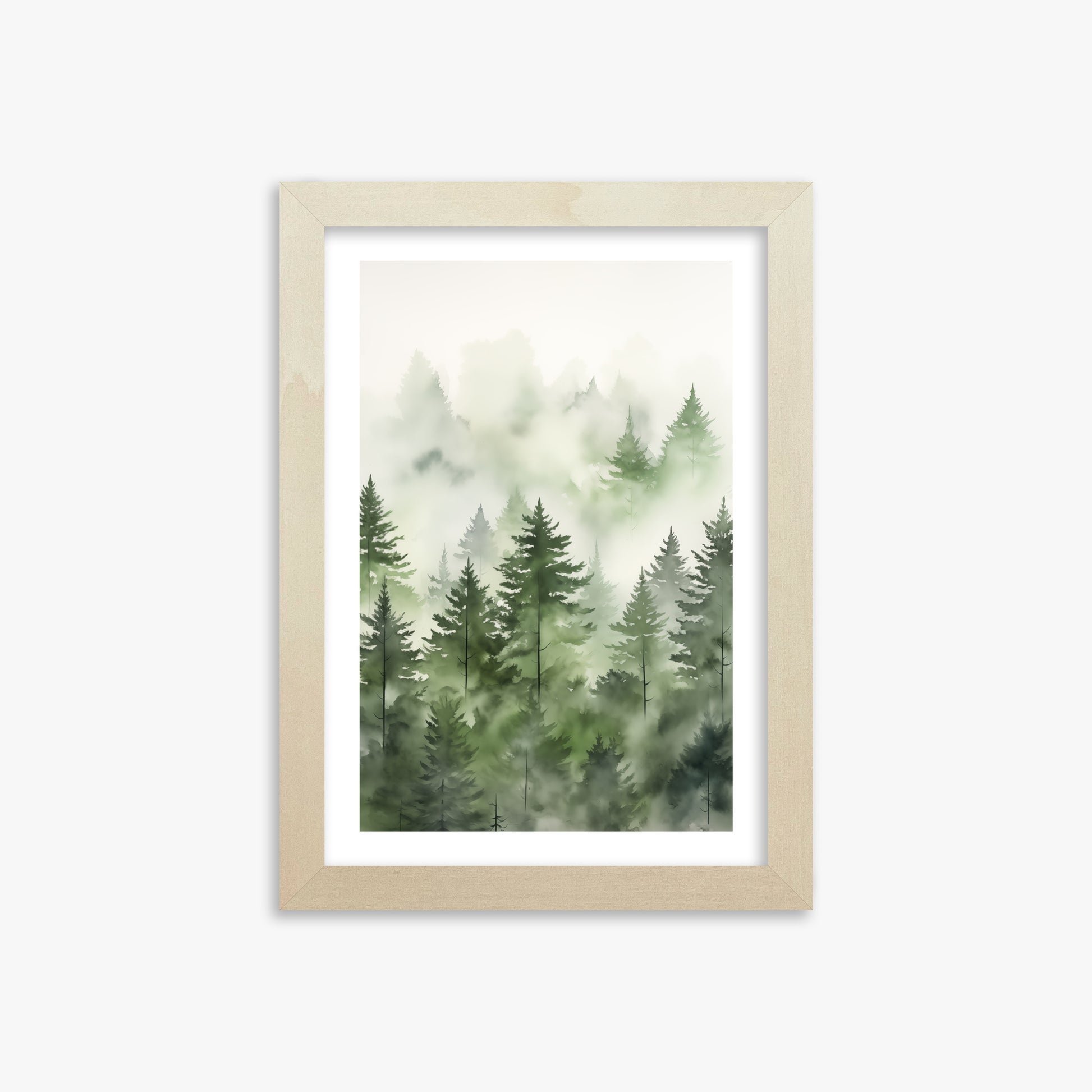 Misty Pines Watercolor, 21x30cm Framed Art Reproduction With Lime Wood Frame