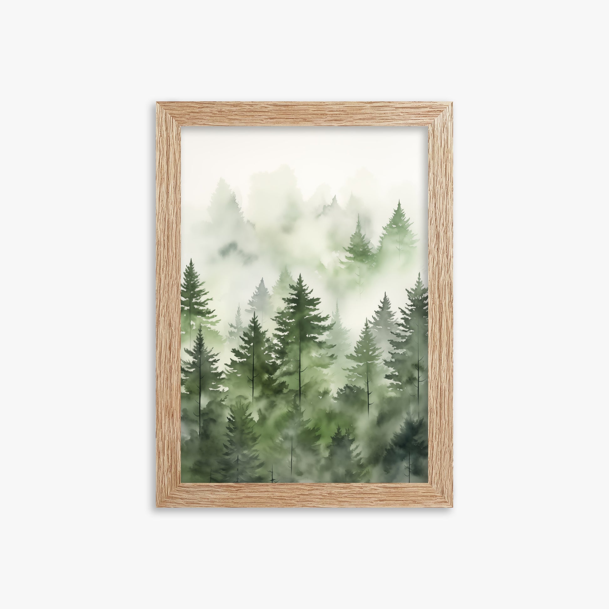 Misty Pines Watercolor, 21x30cm Framed Art Reproduction With Raw Oak Frame