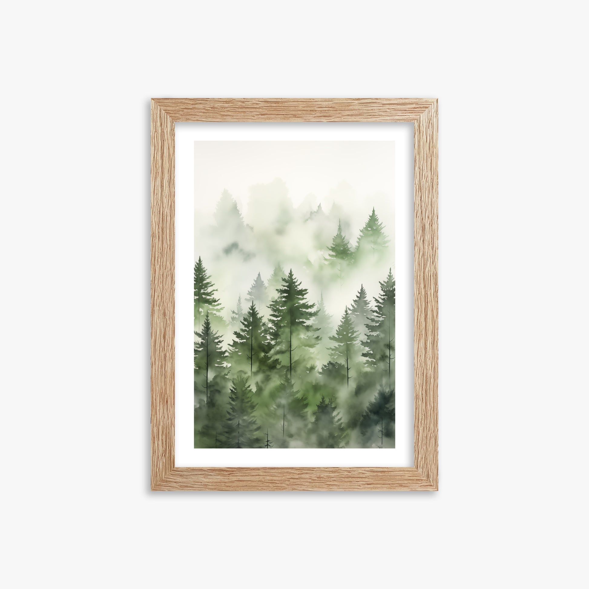 Misty Pines Watercolor, 21x30cm Framed Art Reproduction With Raw Oak Frame