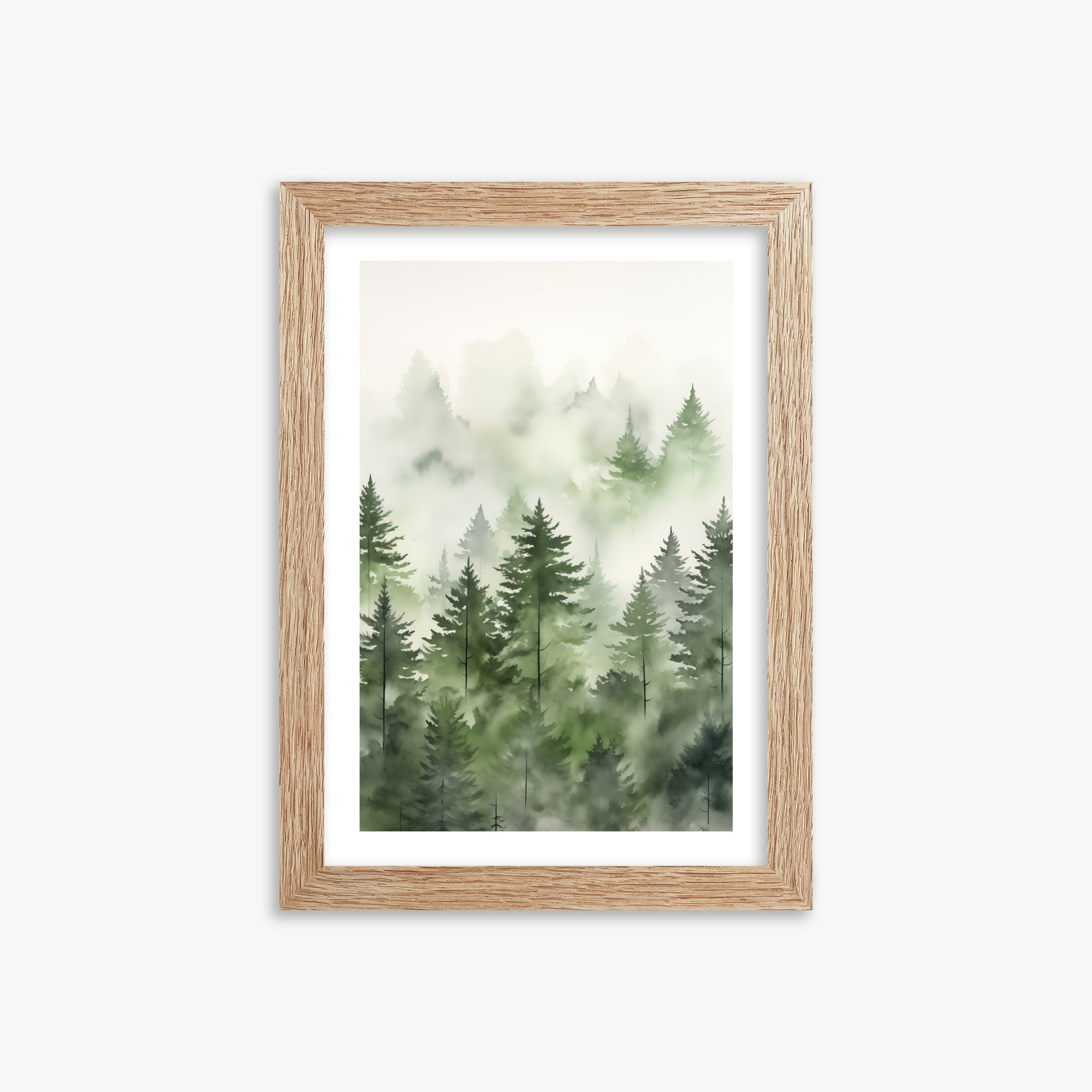 Misty Pines Watercolor, 21x30cm Framed Art Reproduction With Raw Oak Frame