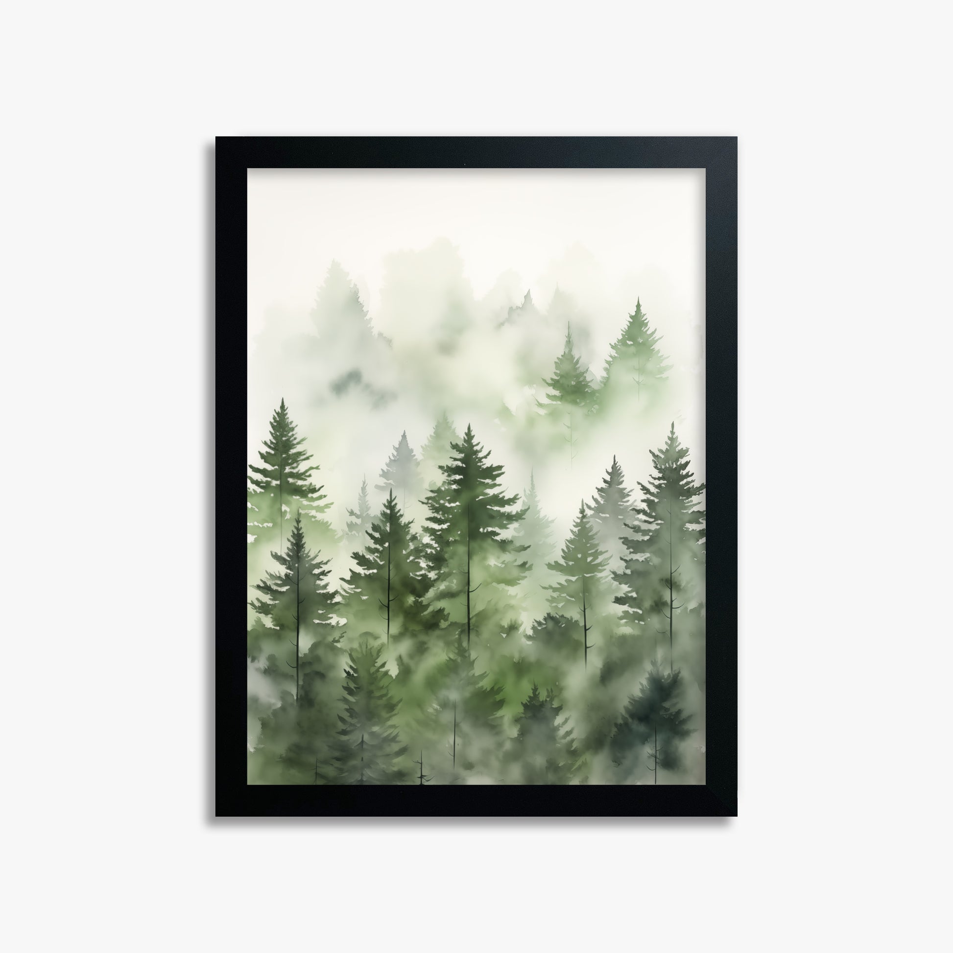 Misty Pines Watercolor, 30x40cm Framed Poster With Black Frame