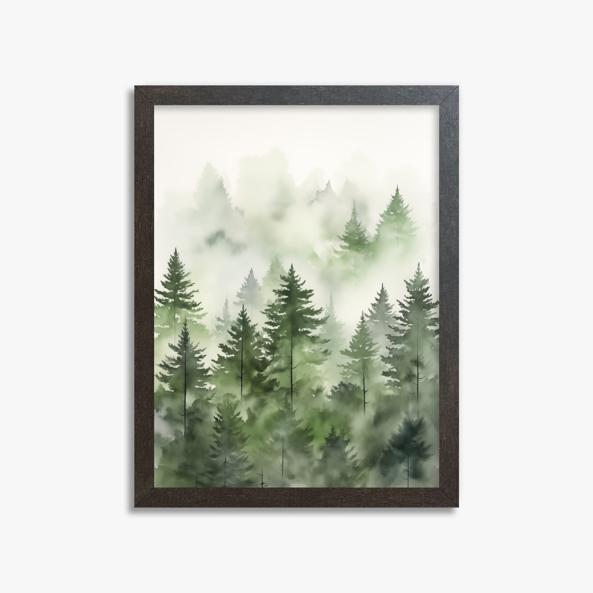Misty Pines Watercolor, 30x40cm Framed Art Reproduction With Espresso Frame