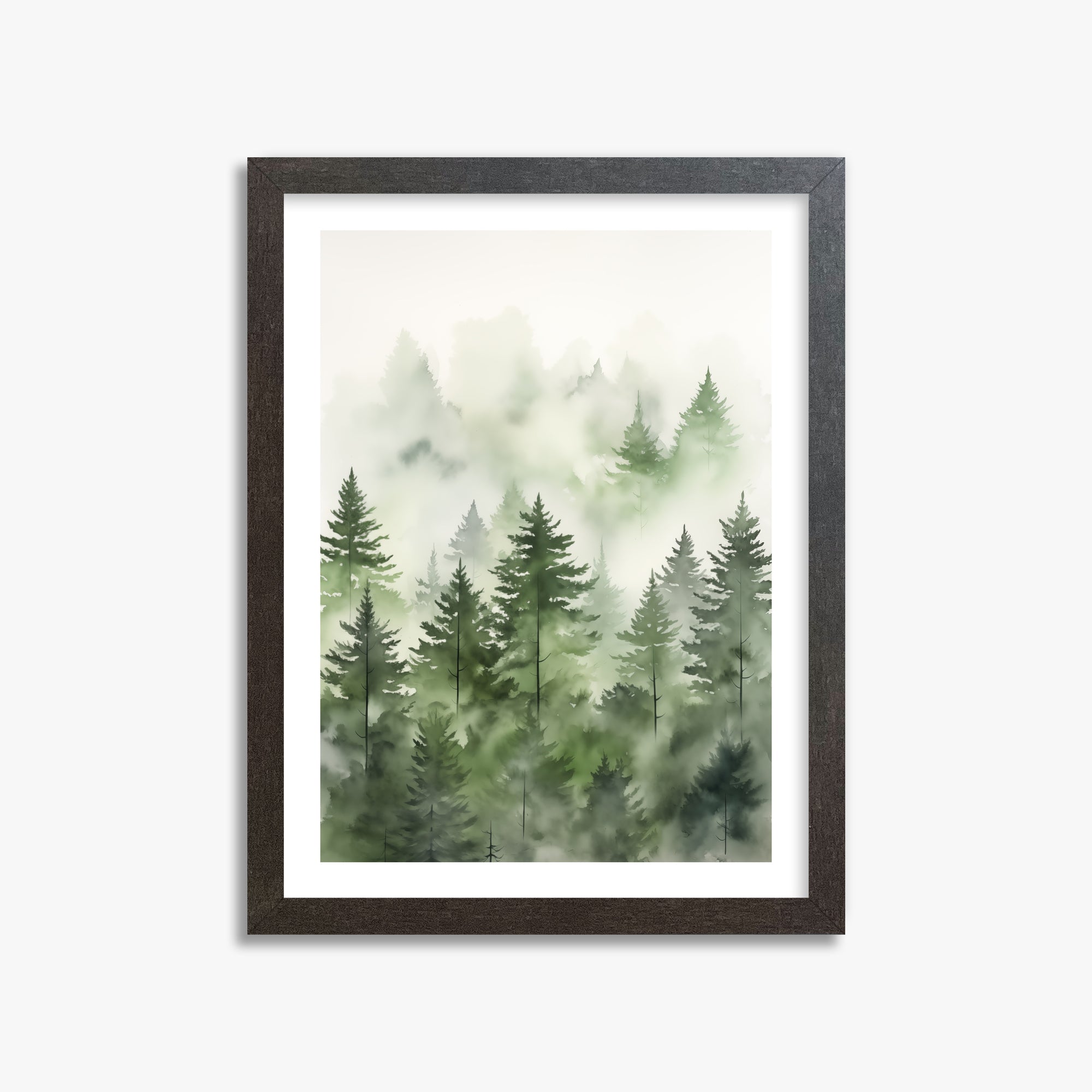 Misty Pines Watercolor, 30x40cm Framed Art Reproduction With Espresso Frame