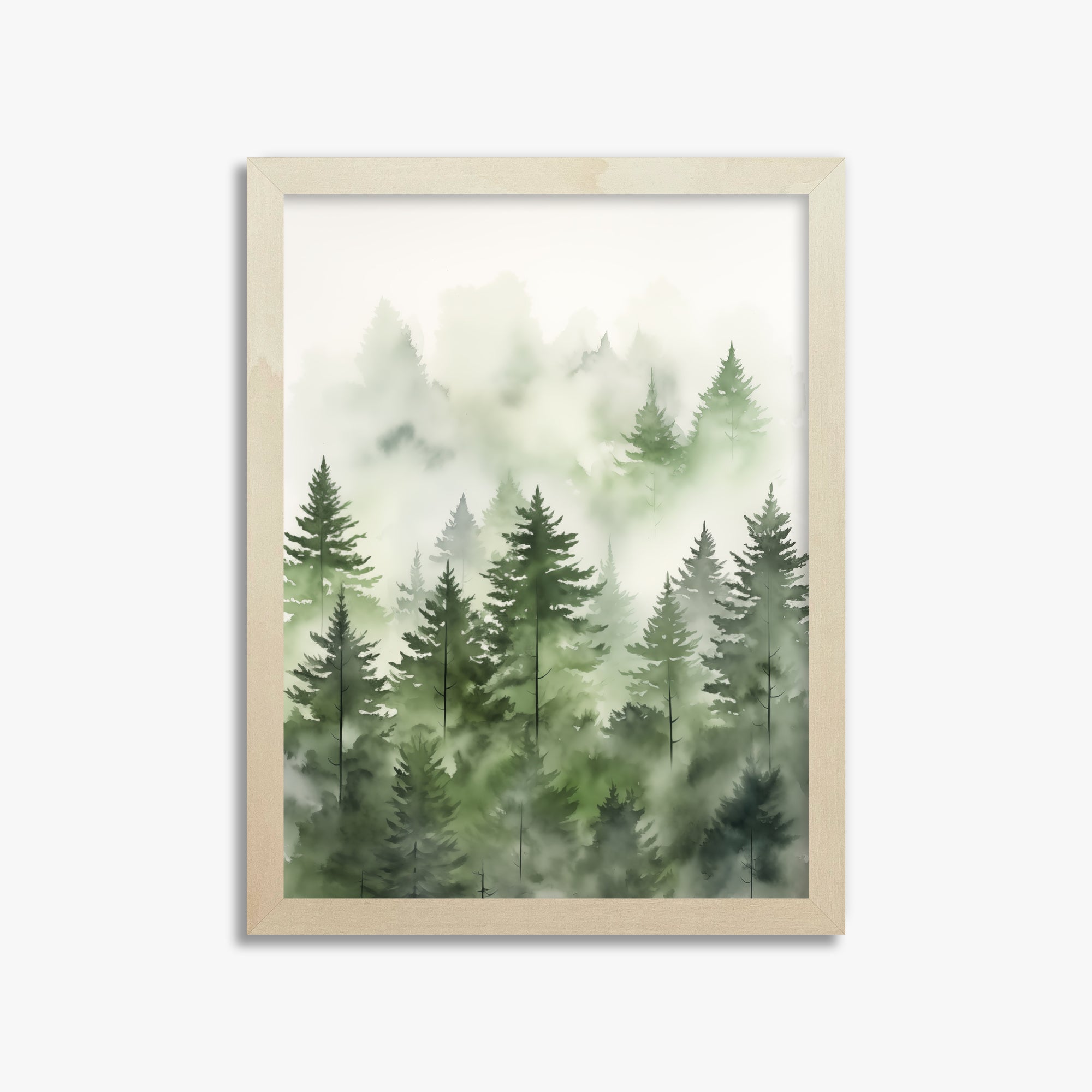 Misty Pines Watercolor, 30x40cm Framed Art Reproduction With Lime Wood Frame