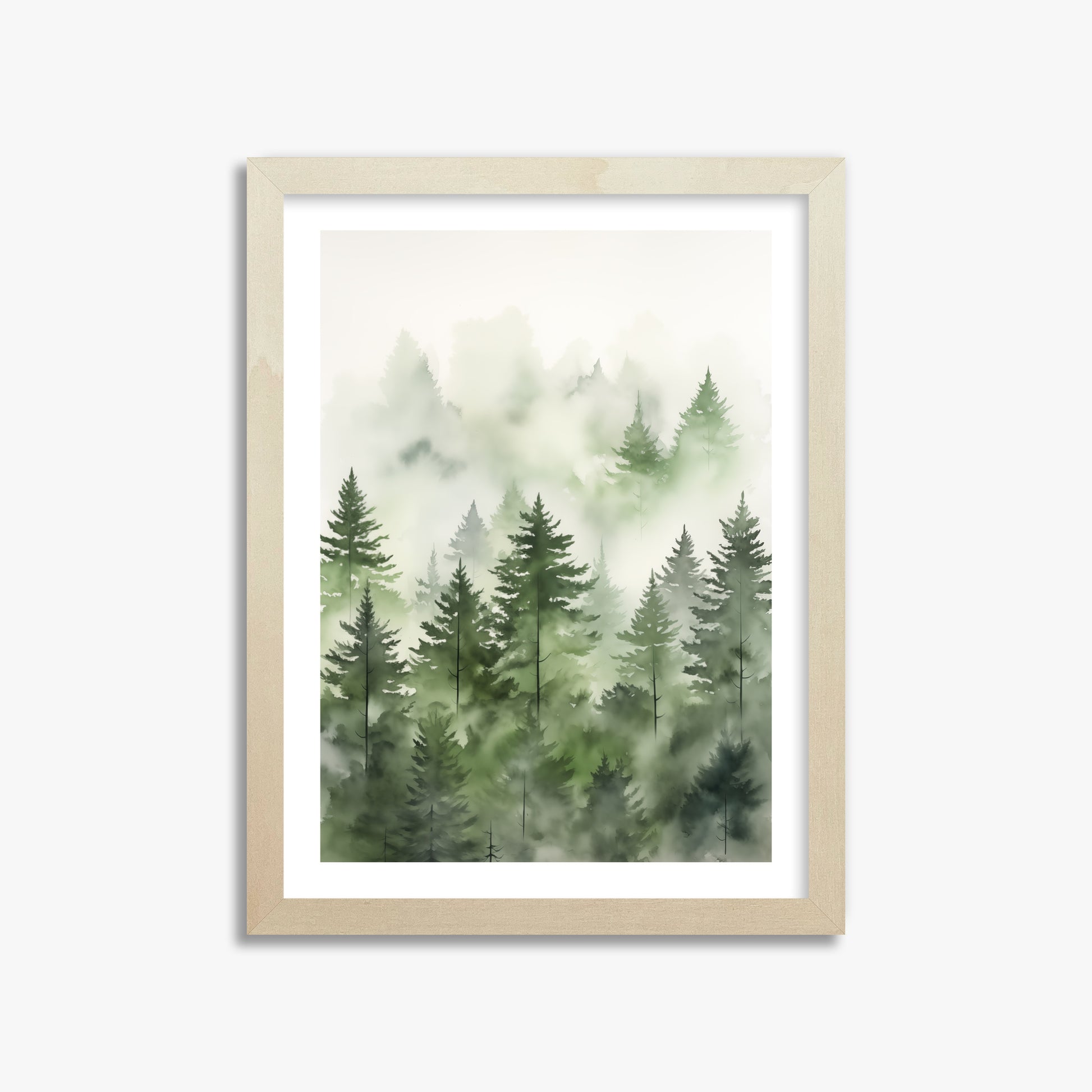 Misty Pines Watercolor, 30x40cm Framed Art Reproduction With Lime Wood Frame