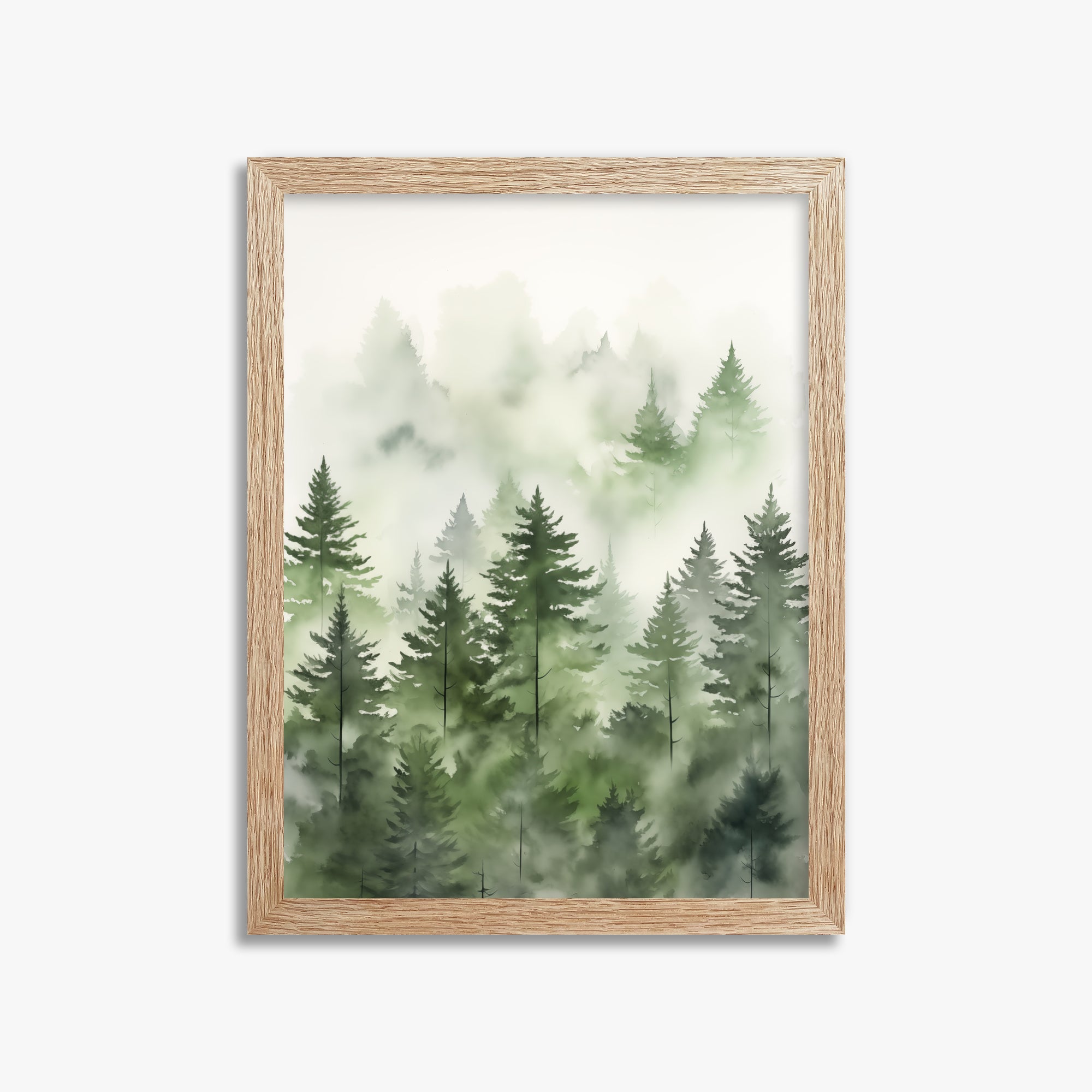 Misty Pines Watercolor, 30x40cm Framed Art Reproduction With Raw Oak Frame