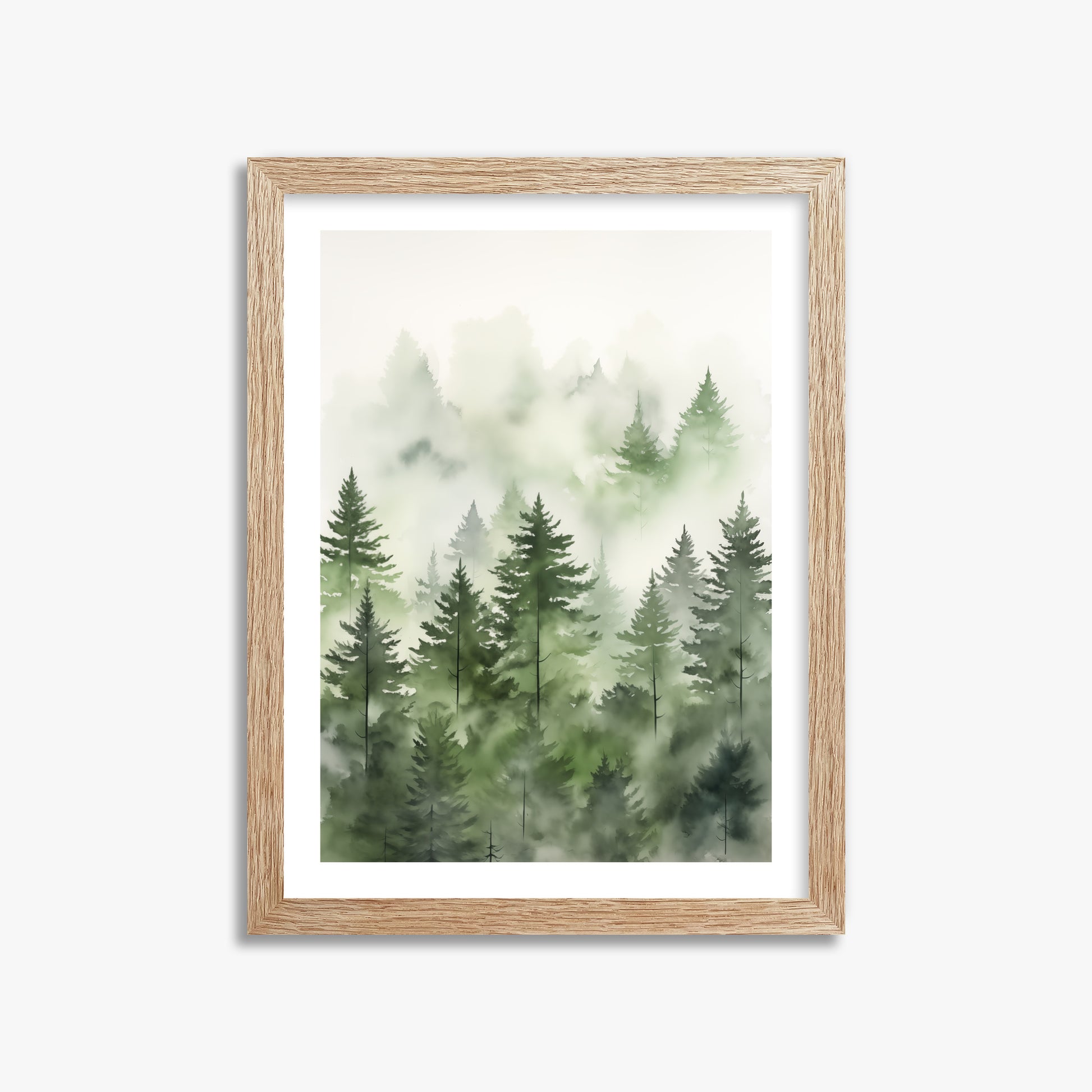Misty Pines Watercolor, 30x40cm Framed Art Reproduction With Raw Oak Frame
