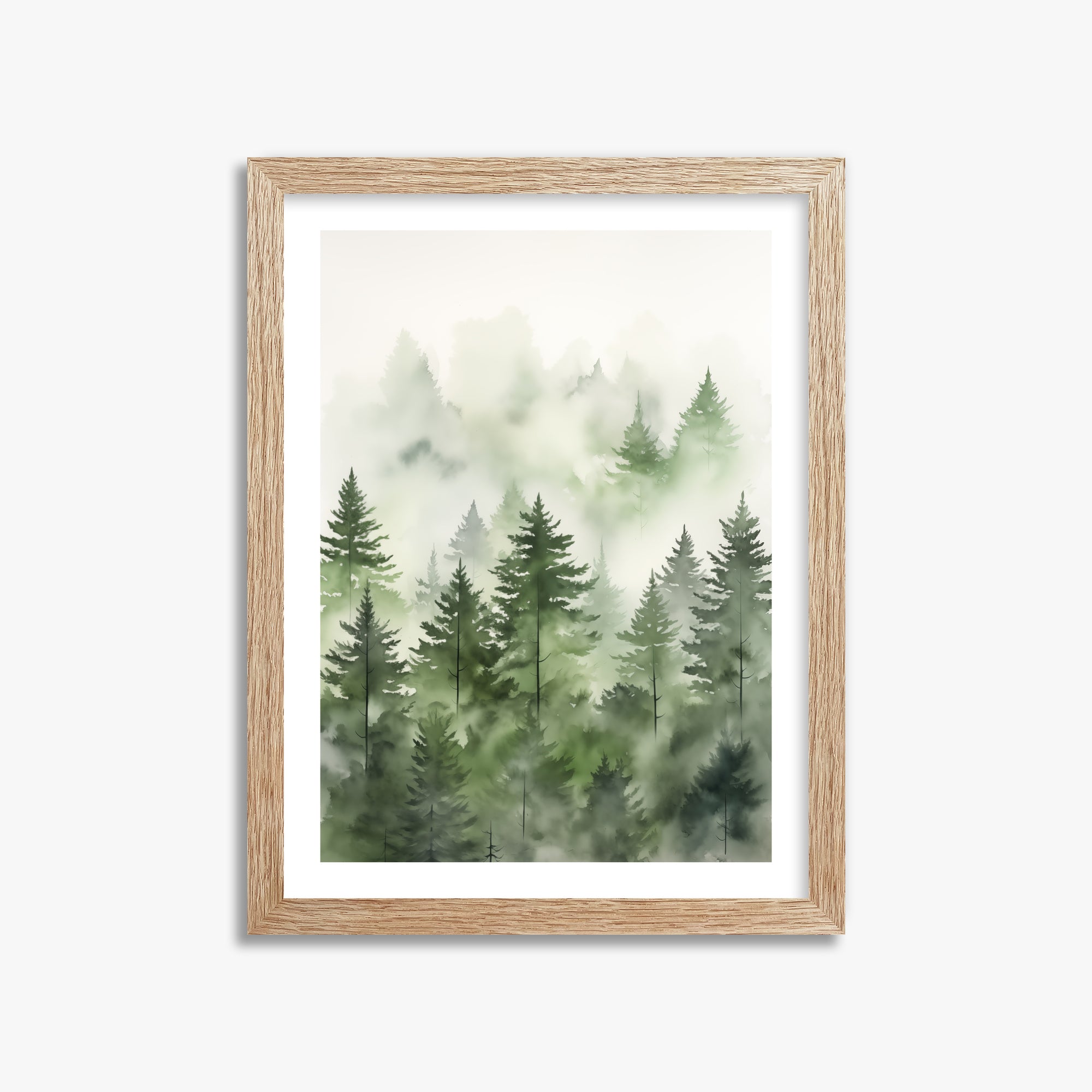 Misty Pines Watercolor, 30x40cm Framed Art Reproduction With Raw Oak Frame