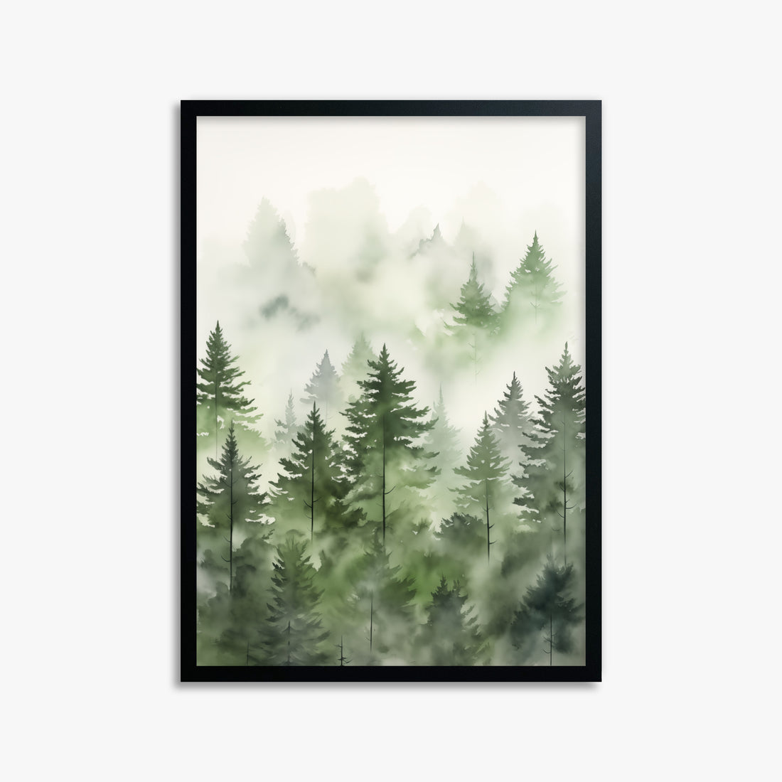 Misty Pines Watercolor, 50x70cm Framed Poster With Black Frame