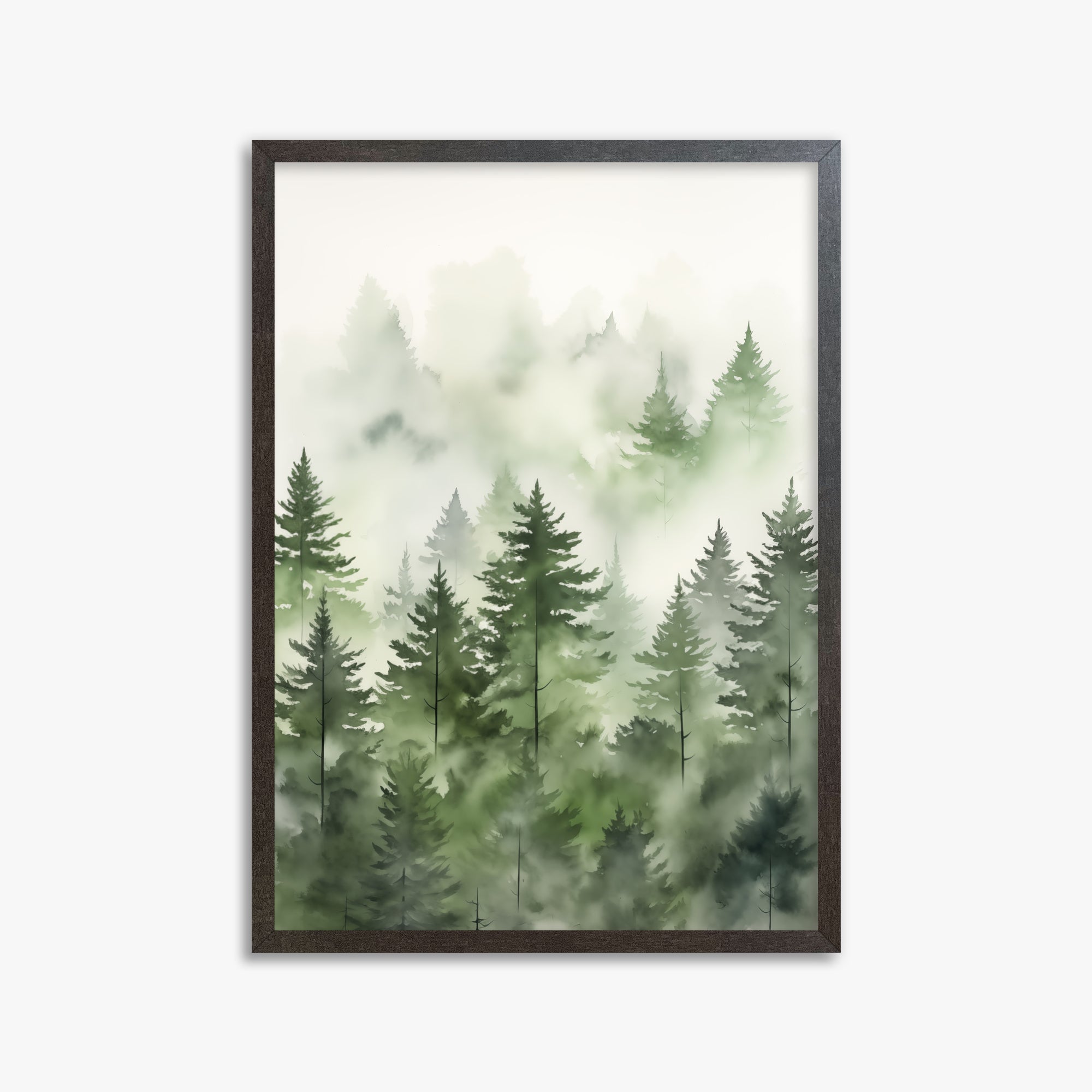 Misty Pines Watercolor, 50x70cm Framed Art Reproduction With Espresso Frame