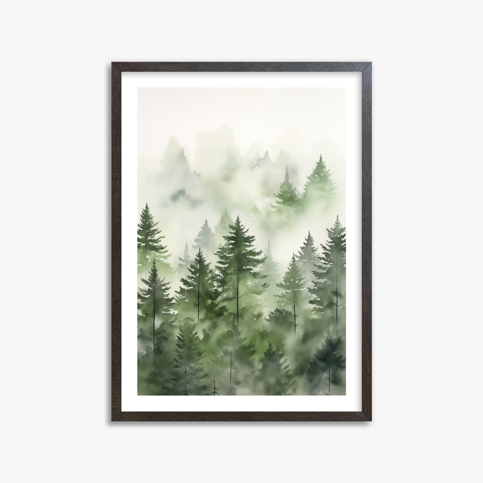 Misty Pines Watercolor, 50x70cm Framed Art Reproduction With Espresso Frame