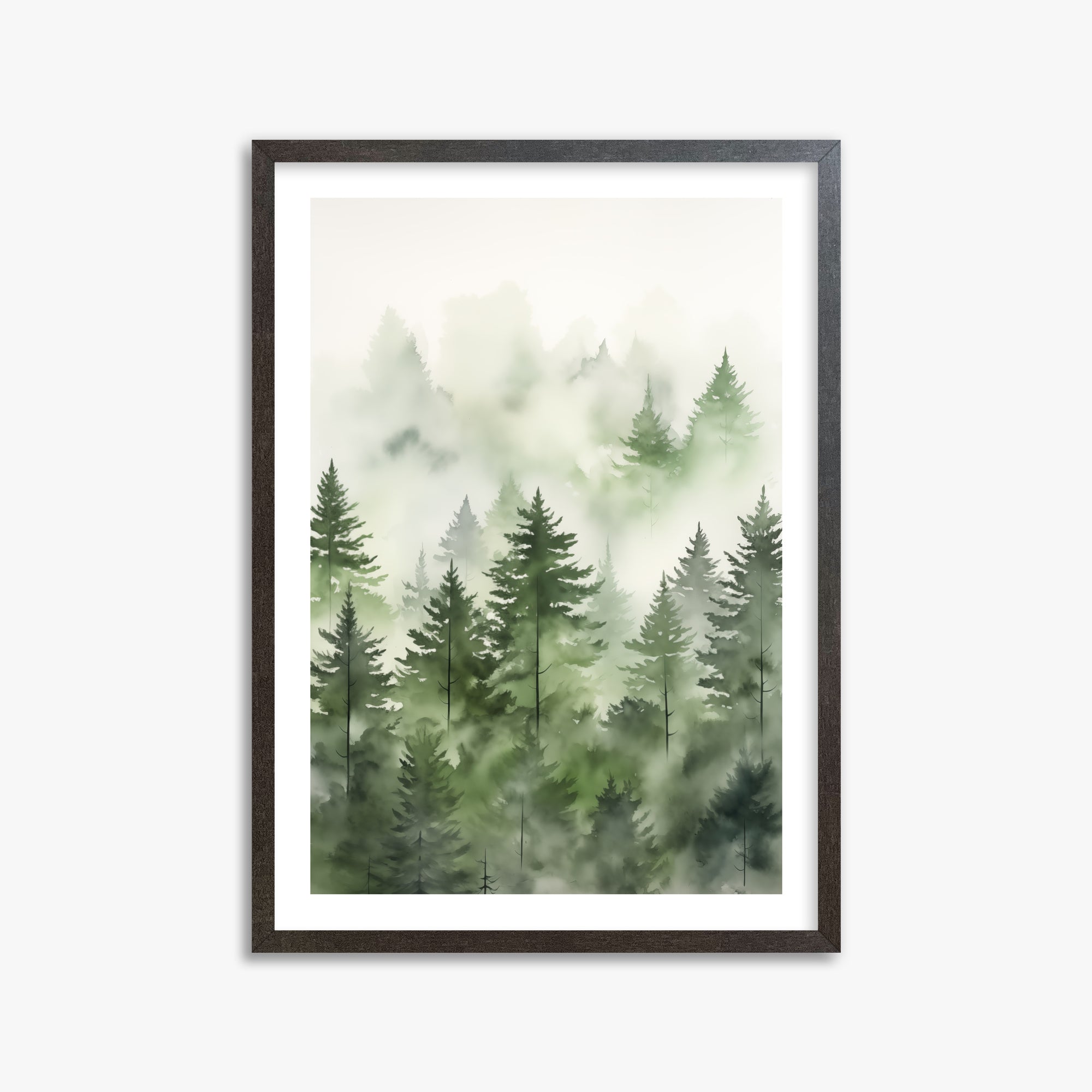 Misty Pines Watercolor, 50x70cm Framed Art Reproduction With Espresso Frame