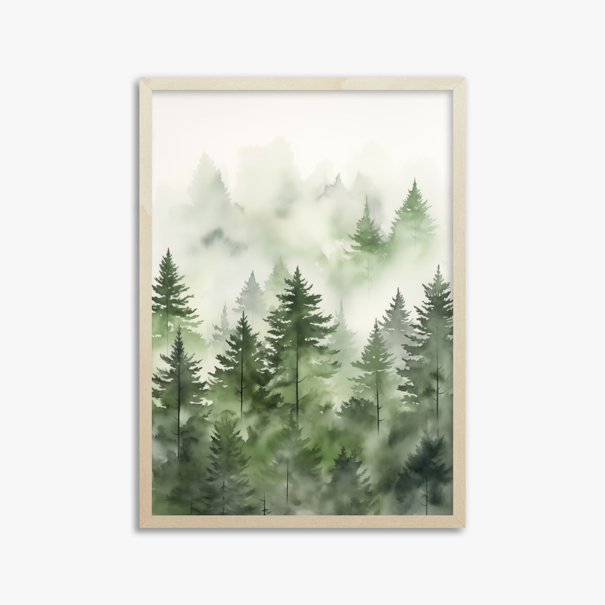 Misty Pines Watercolor, 50x70cm Framed Art Reproduction With Lime Wood Frame