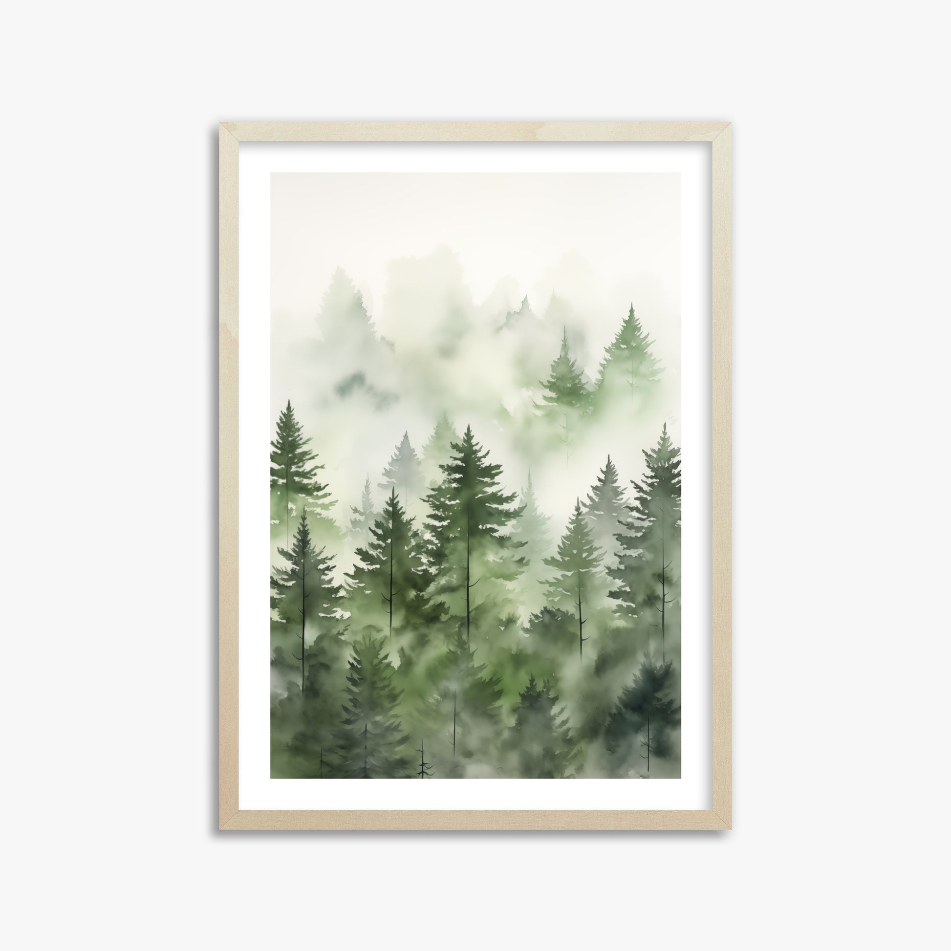 Misty Pines Watercolor, 50x70cm Framed Art Reproduction With Lime Wood Frame