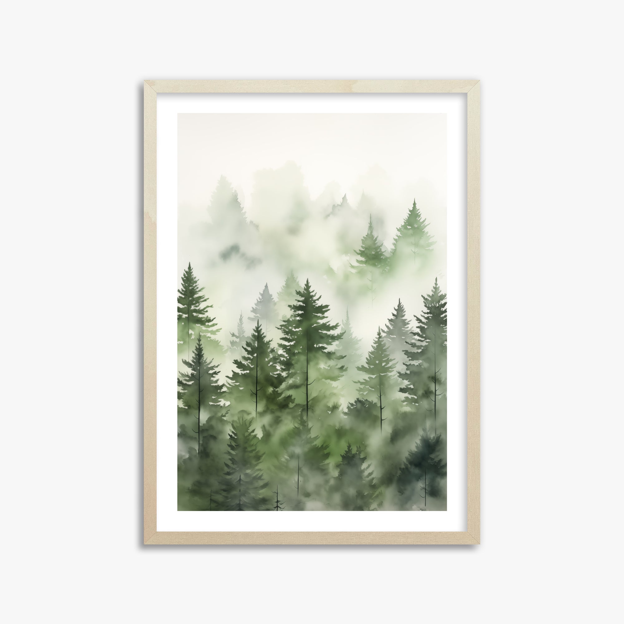 Misty Pines Watercolor, 50x70cm Framed Art Reproduction With Lime Wood Frame