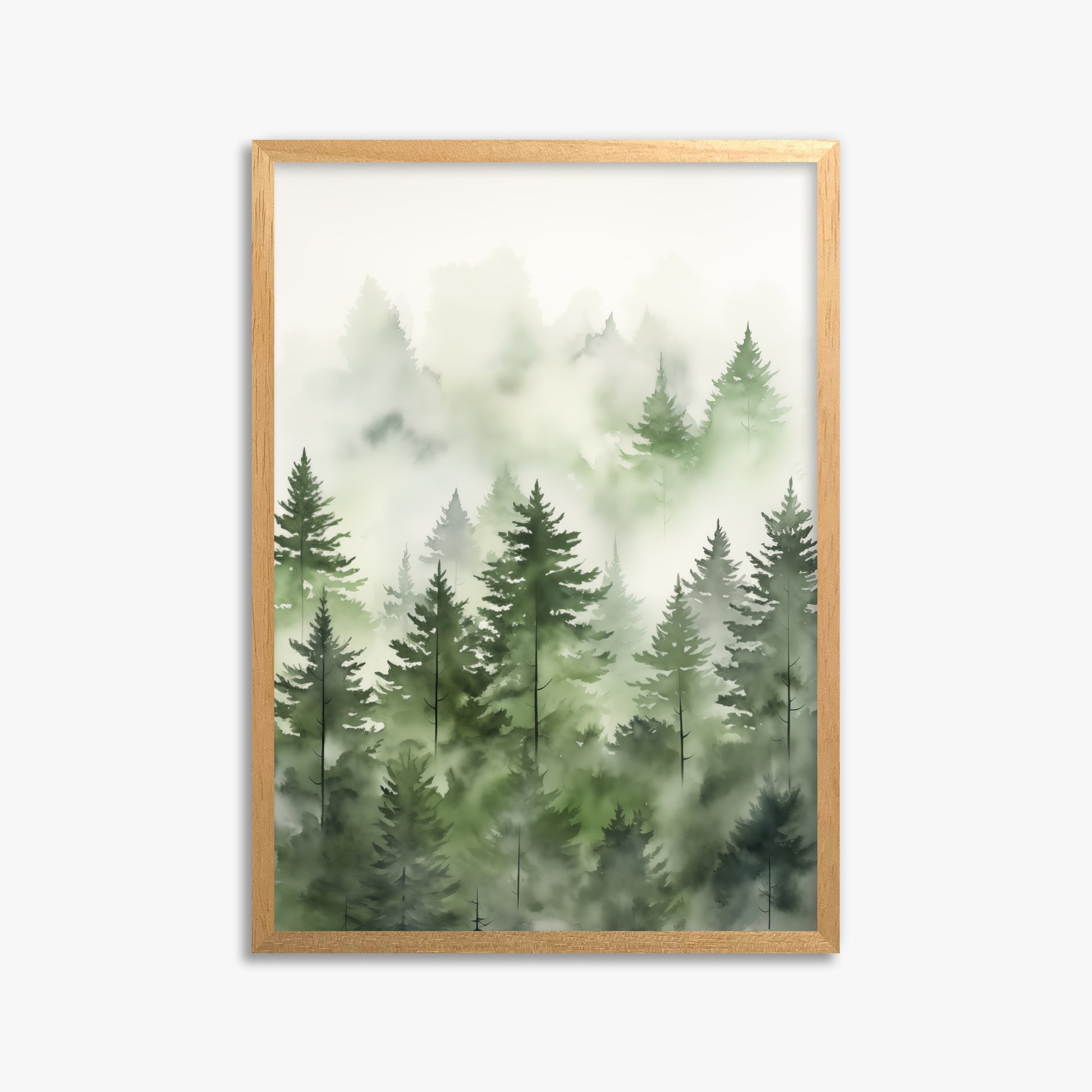 Misty Pines Watercolor, 50x70cm Framed Poster With Oak Frame